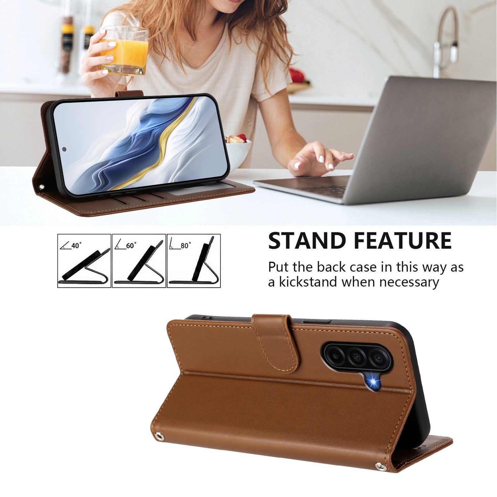 For Samsung Galaxy A57 5G Wallet Case with Wrist Strap Love Cat Pattern Imprint Leather Phone Cover - Brown