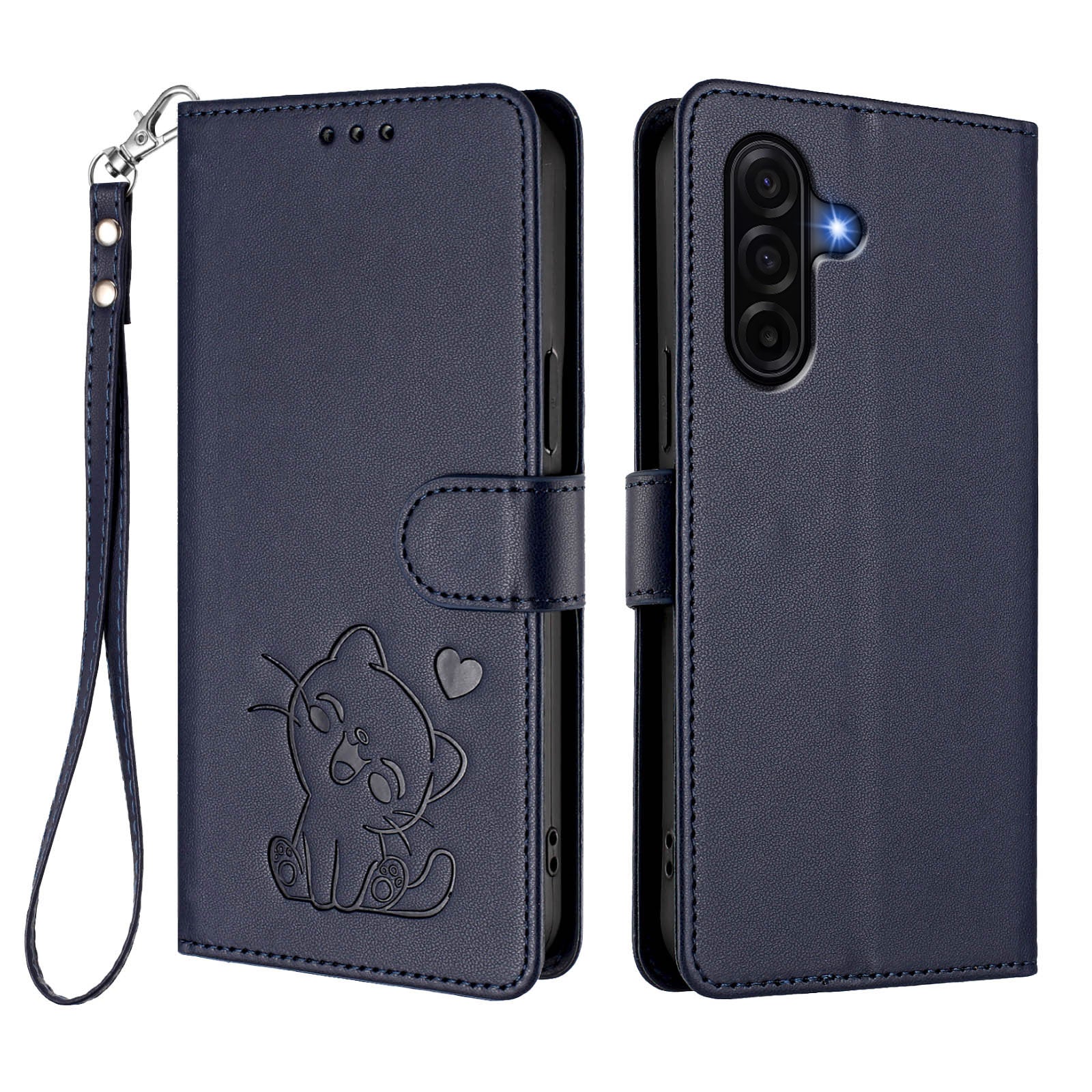 For Samsung Galaxy A57 5G Wallet Case with Wrist Strap Love Cat Pattern Imprint Leather Phone Cover - Blue