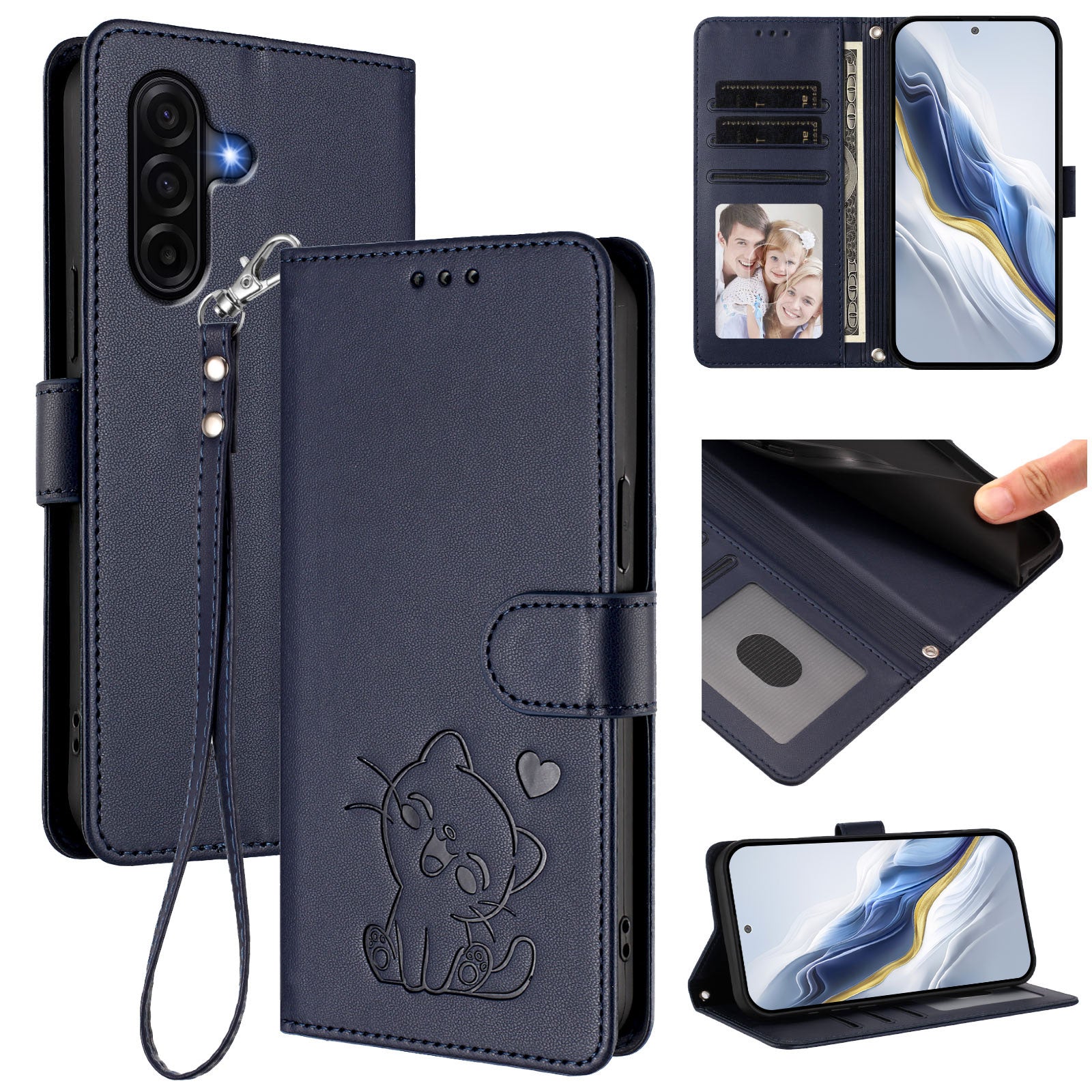 For Samsung Galaxy A57 5G Wallet Case with Wrist Strap Love Cat Pattern Imprint Leather Phone Cover - Blue