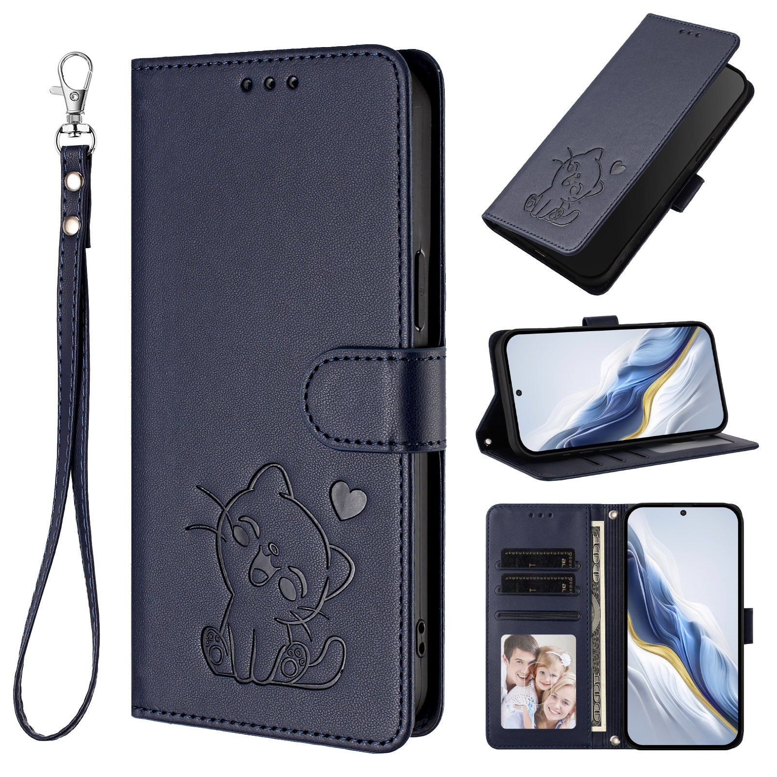 For Samsung Galaxy A57 5G Wallet Case with Wrist Strap Love Cat Pattern Imprint Leather Phone Cover - Blue
