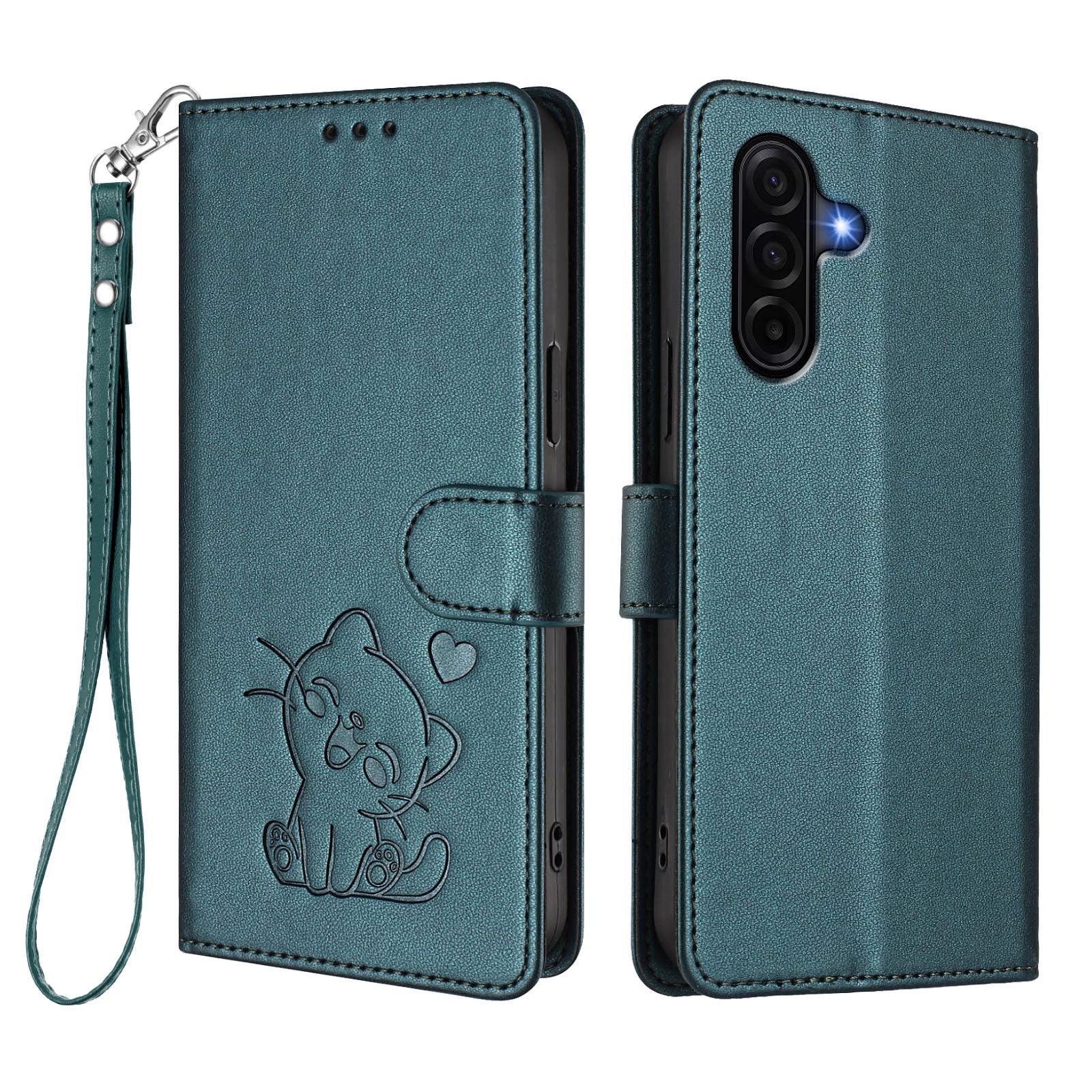 For Samsung Galaxy A57 5G Wallet Case with Wrist Strap Love Cat Pattern Imprint Leather Phone Cover - Green