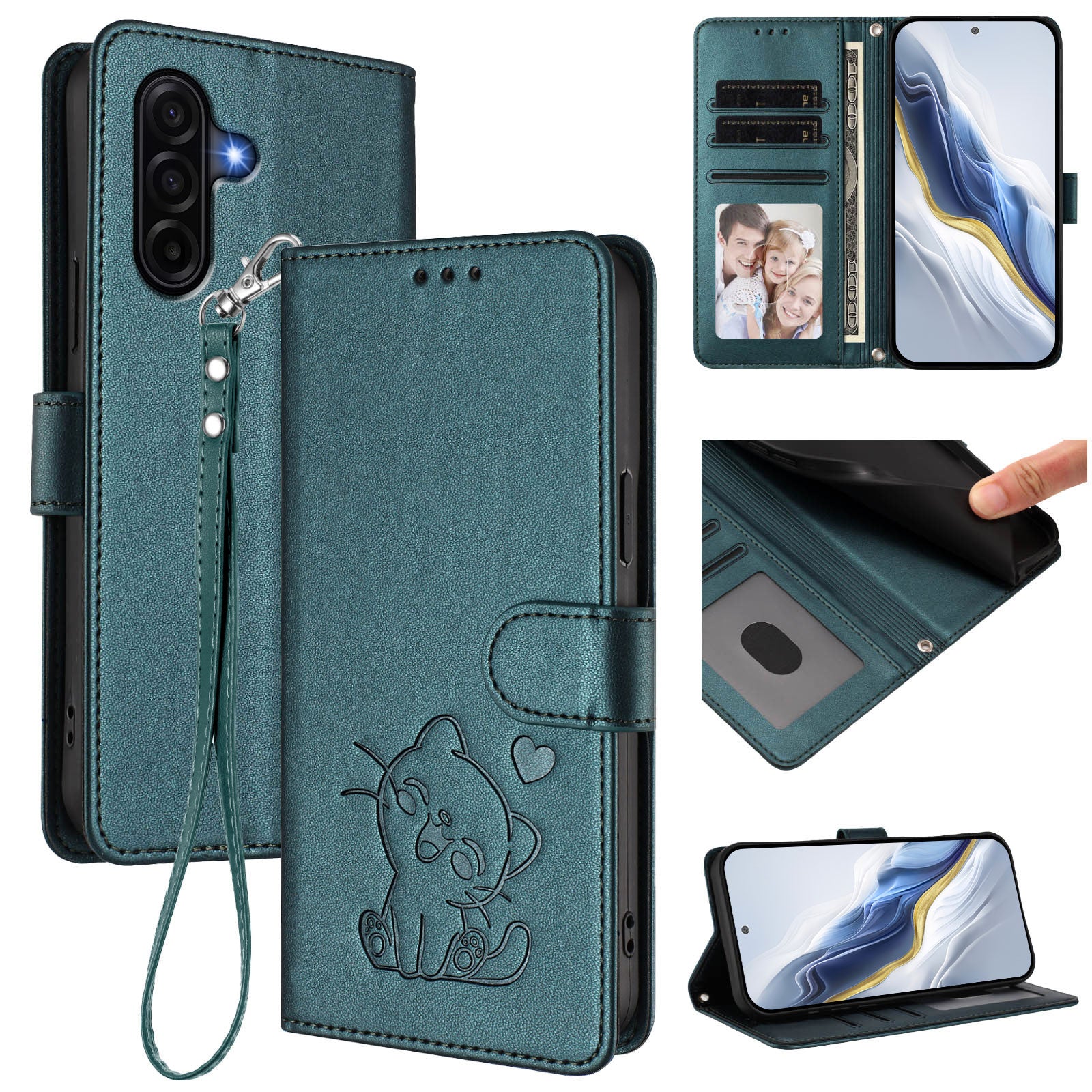 For Samsung Galaxy A57 5G Wallet Case with Wrist Strap Love Cat Pattern Imprint Leather Phone Cover - Green