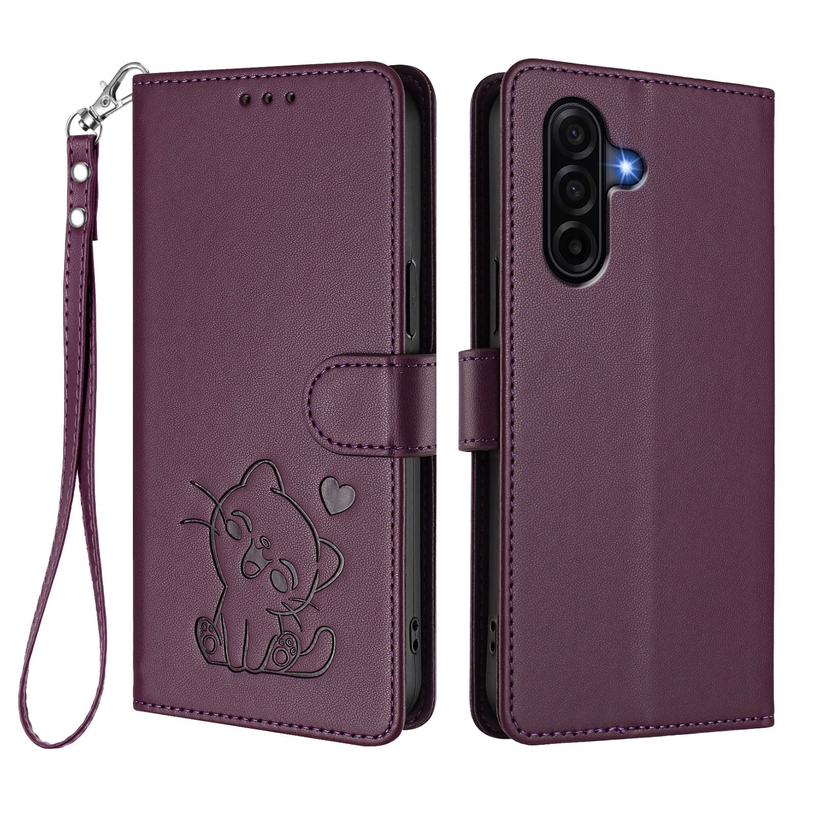 For Samsung Galaxy A57 5G Wallet Case with Wrist Strap Love Cat Pattern Imprint Leather Phone Cover - Purple