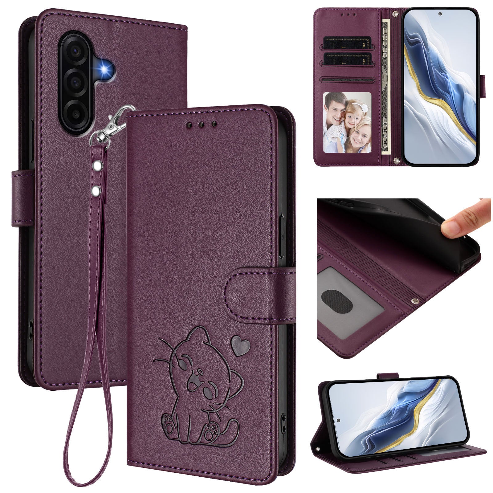 For Samsung Galaxy A57 5G Wallet Case with Wrist Strap Love Cat Pattern Imprint Leather Phone Cover - Purple