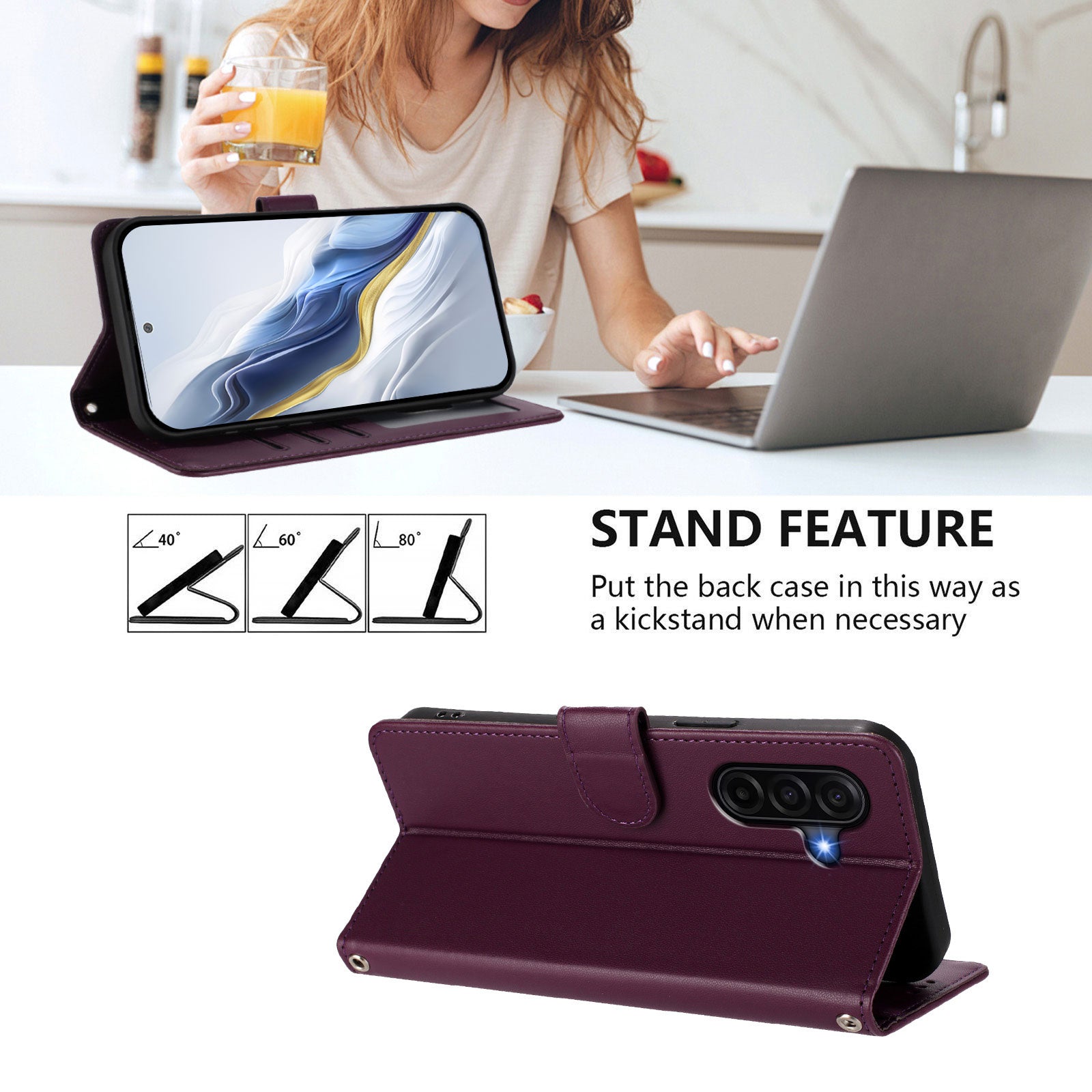 For Samsung Galaxy A57 5G Wallet Case with Wrist Strap Love Cat Pattern Imprint Leather Phone Cover - Purple