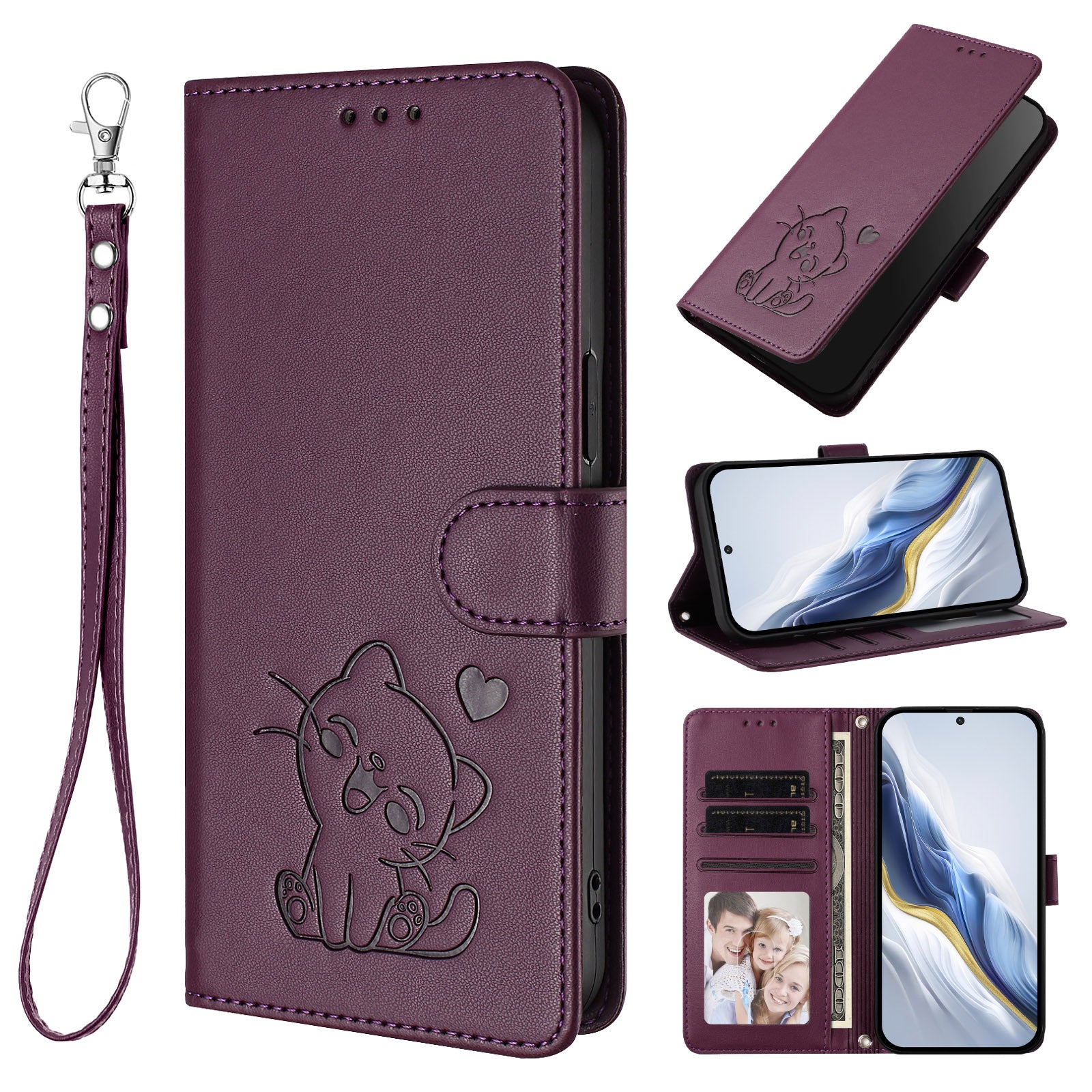 For Samsung Galaxy A57 5G Wallet Case with Wrist Strap Love Cat Pattern Imprint Leather Phone Cover - Purple