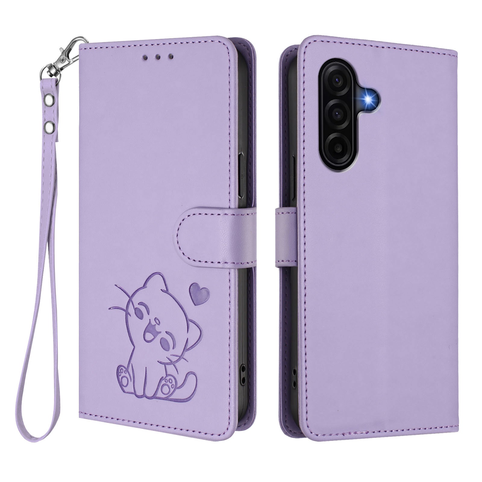 For Samsung Galaxy A57 5G Wallet Case with Wrist Strap Love Cat Pattern Imprint Leather Phone Cover - Light Purple