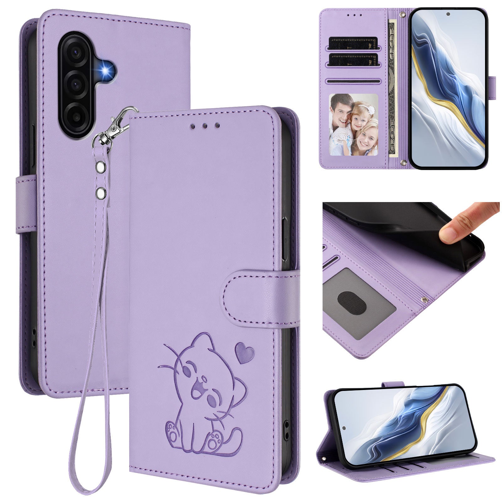 For Samsung Galaxy A57 5G Wallet Case with Wrist Strap Love Cat Pattern Imprint Leather Phone Cover - Light Purple