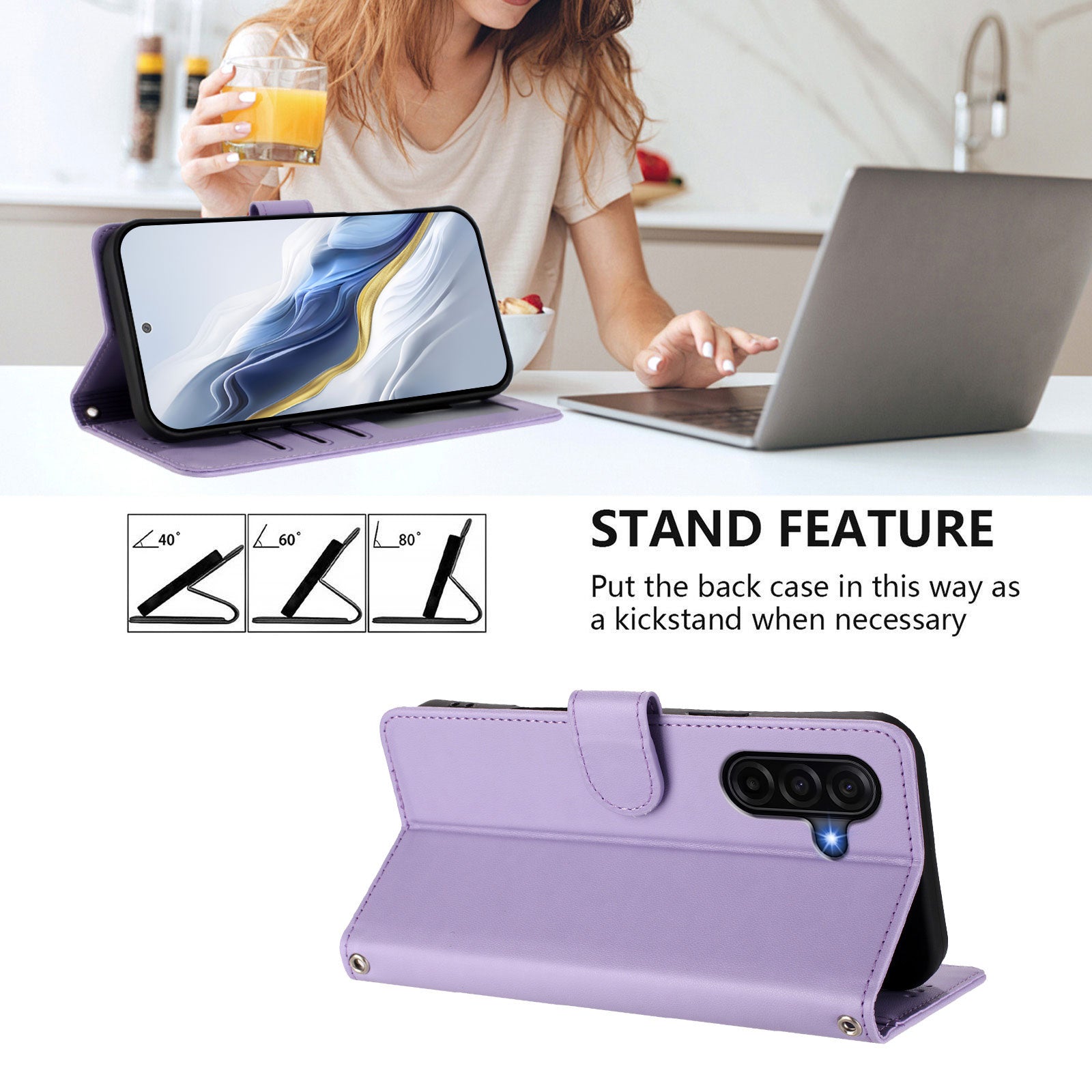 For Samsung Galaxy A57 5G Wallet Case with Wrist Strap Love Cat Pattern Imprint Leather Phone Cover - Light Purple