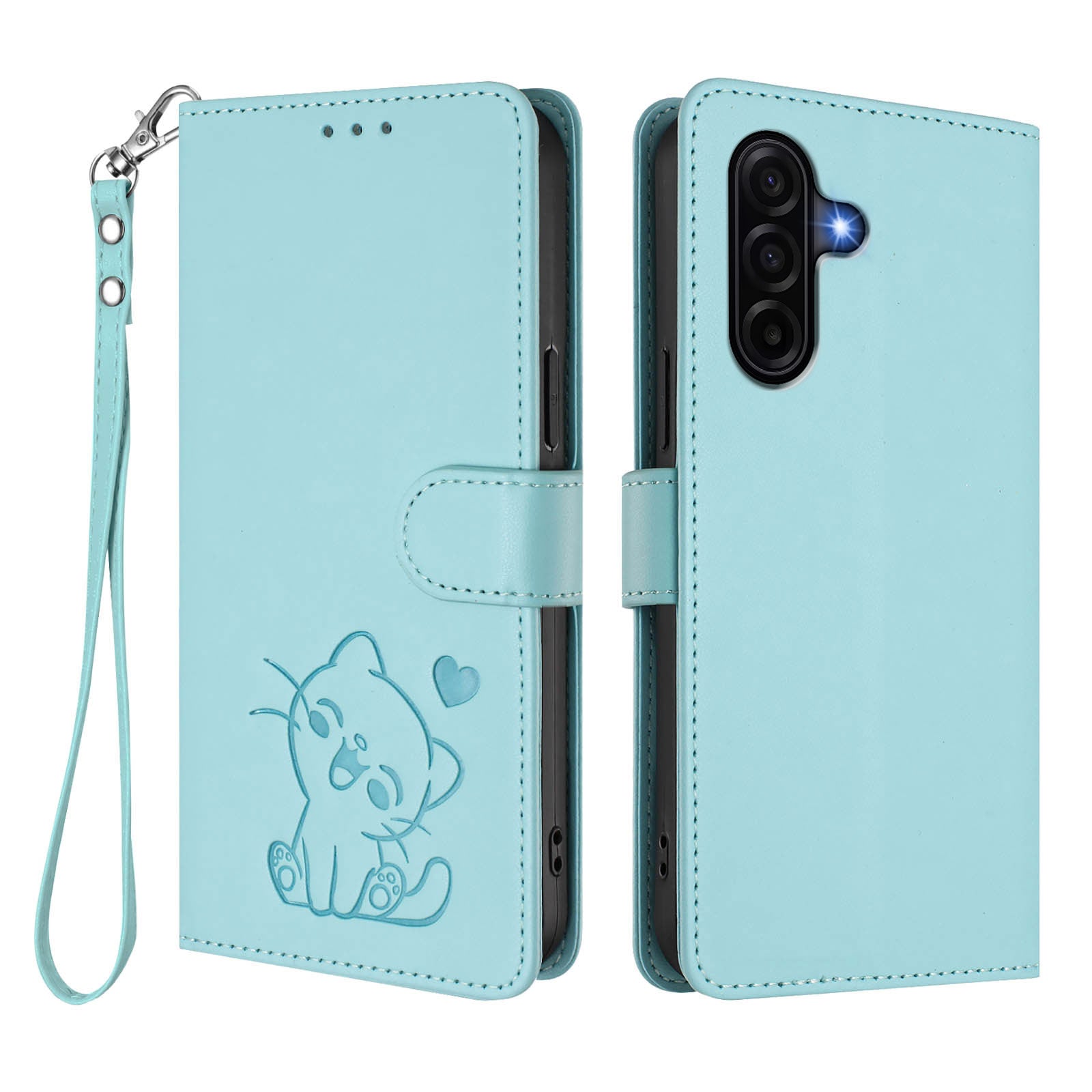 For Samsung Galaxy A57 5G Wallet Case with Wrist Strap Love Cat Pattern Imprint Leather Phone Cover - Mint Green