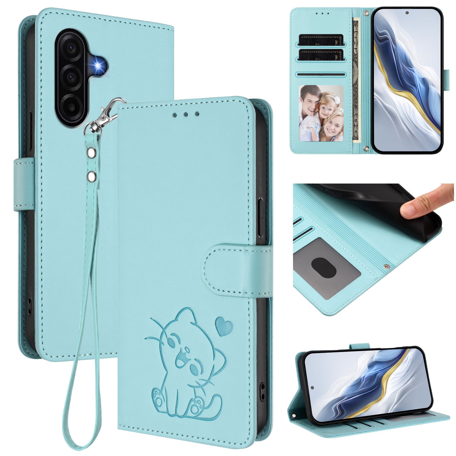 For Samsung Galaxy A57 5G Wallet Case with Wrist Strap Love Cat Pattern Imprint Leather Phone Cover - Mint Green