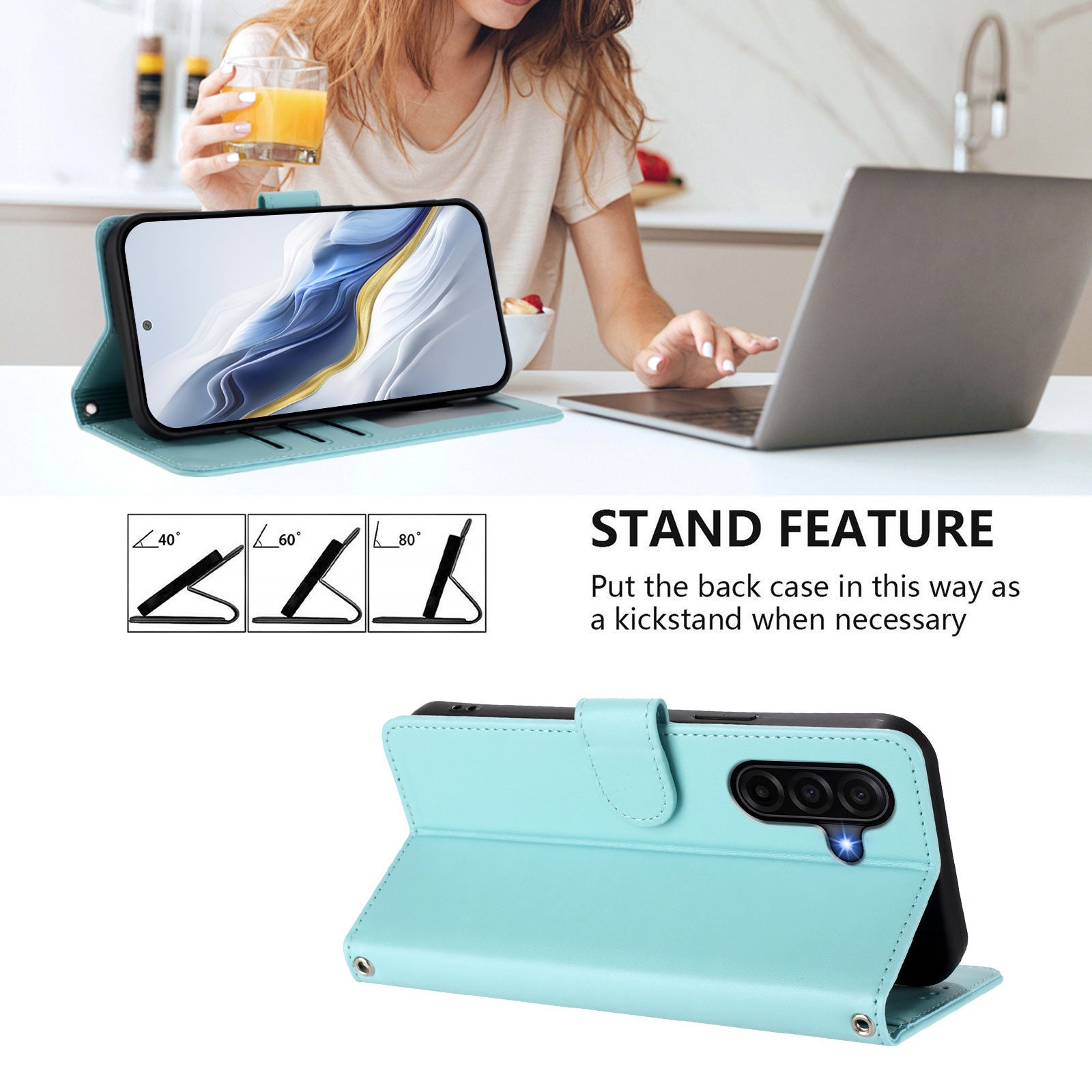 For Samsung Galaxy A57 5G Wallet Case with Wrist Strap Love Cat Pattern Imprint Leather Phone Cover - Mint Green