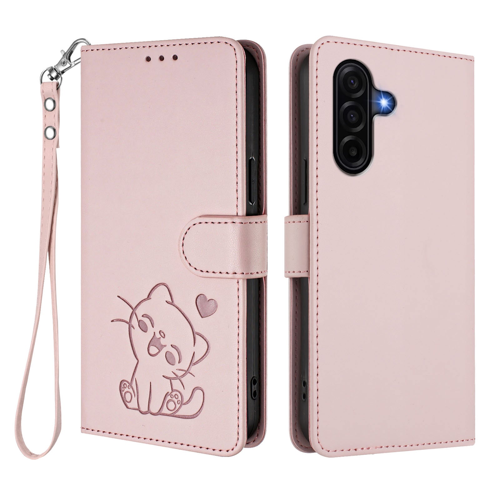 For Samsung Galaxy A57 5G Wallet Case with Wrist Strap Love Cat Pattern Imprint Leather Phone Cover - Pink