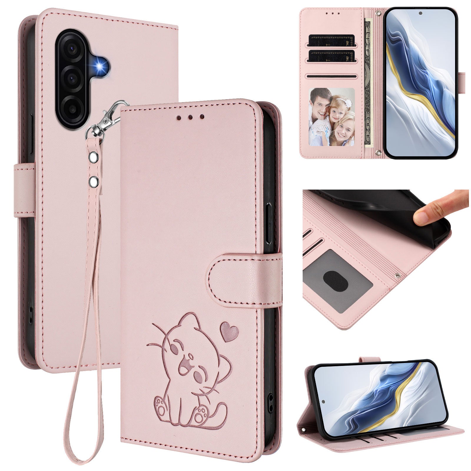 For Samsung Galaxy A57 5G Wallet Case with Wrist Strap Love Cat Pattern Imprint Leather Phone Cover - Pink