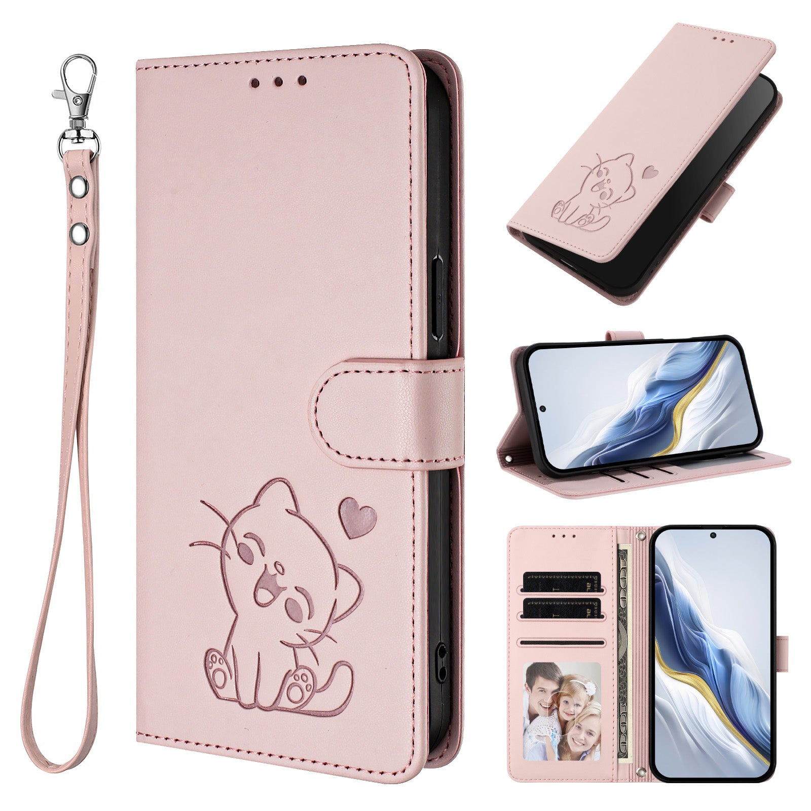 For Samsung Galaxy A57 5G Wallet Case with Wrist Strap Love Cat Pattern Imprint Leather Phone Cover - Pink