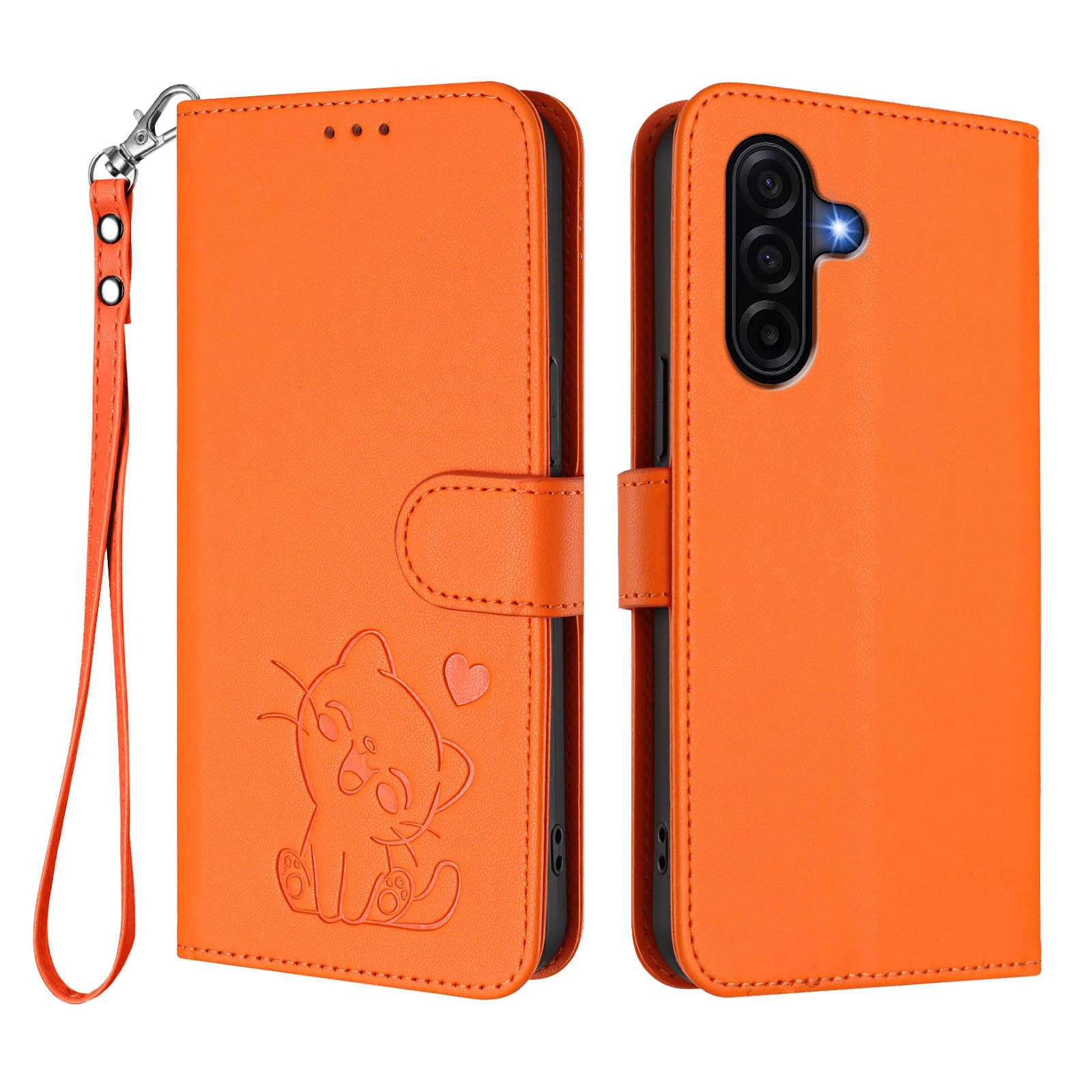 For Samsung Galaxy A57 5G Wallet Case with Wrist Strap Love Cat Pattern Imprint Leather Phone Cover - Orange
