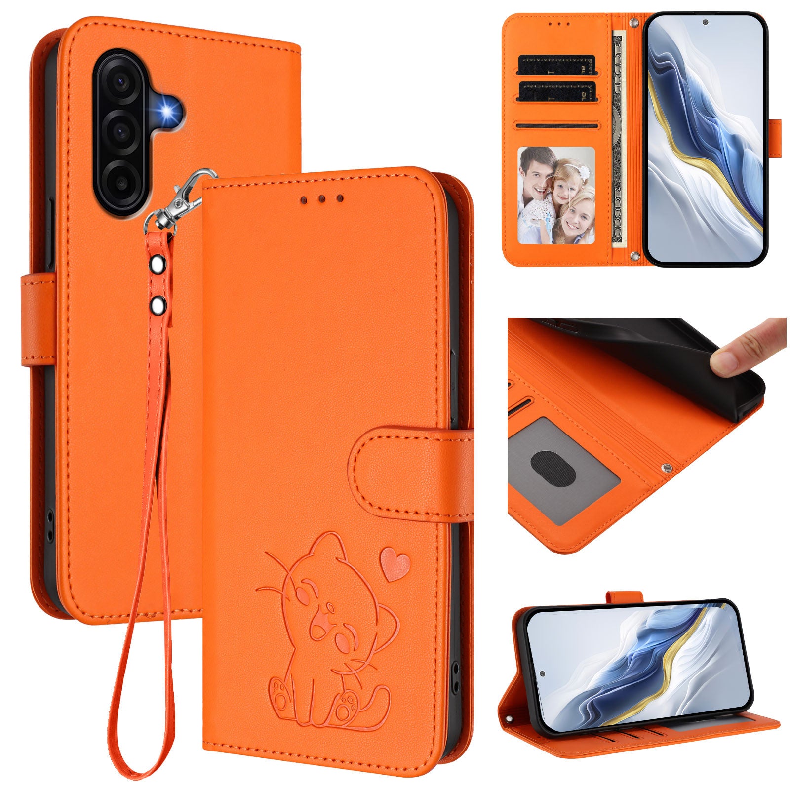 For Samsung Galaxy A57 5G Wallet Case with Wrist Strap Love Cat Pattern Imprint Leather Phone Cover - Orange