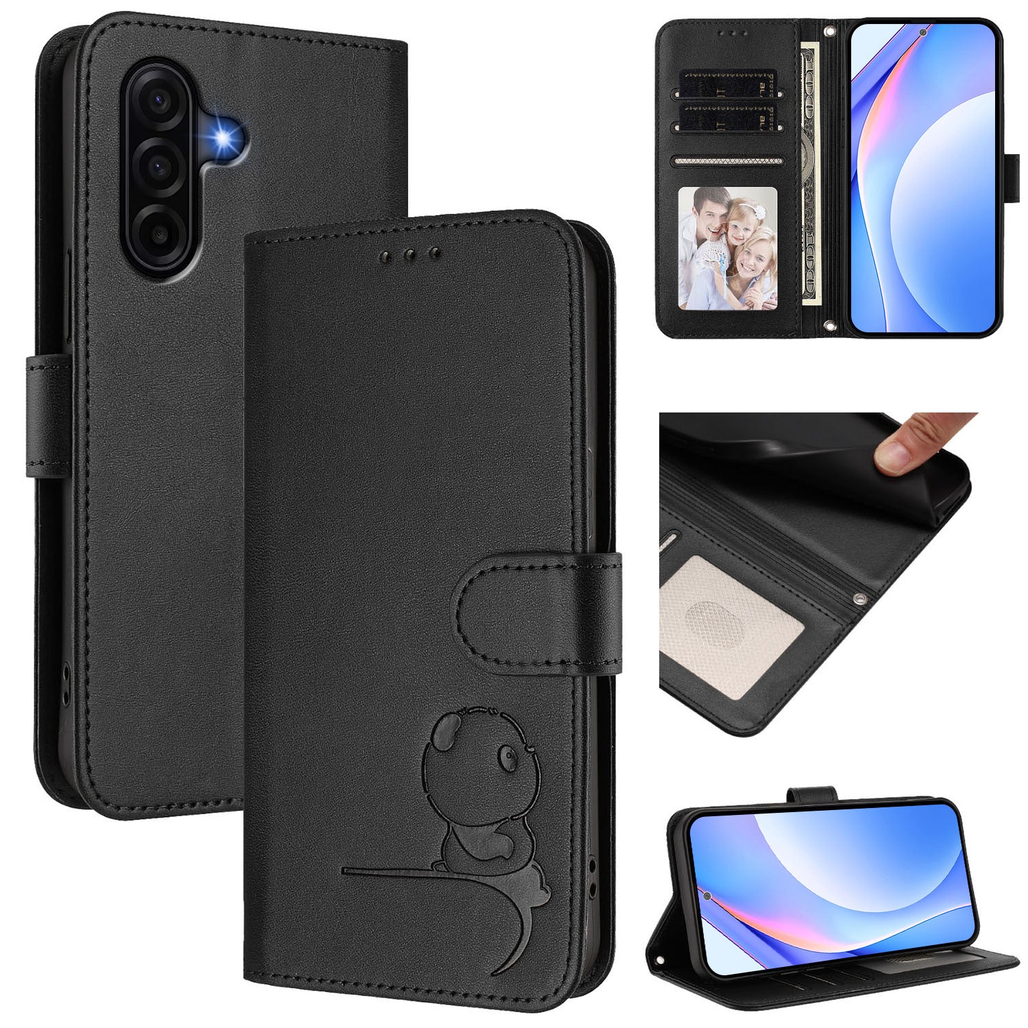 For Samsung Galaxy A57 5G Case Panda Imprint RFID Blocking Wallet Leather Phone Cover with Wrist Strap - Black