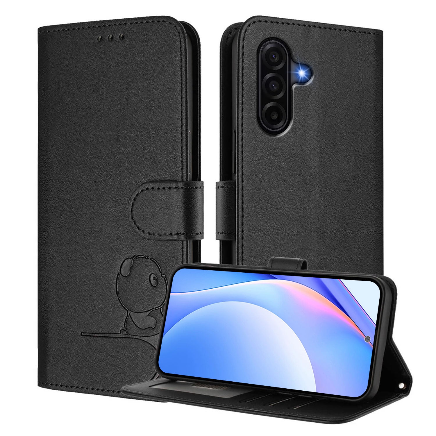 For Samsung Galaxy A57 5G Case Panda Imprint RFID Blocking Wallet Leather Phone Cover with Wrist Strap - Black