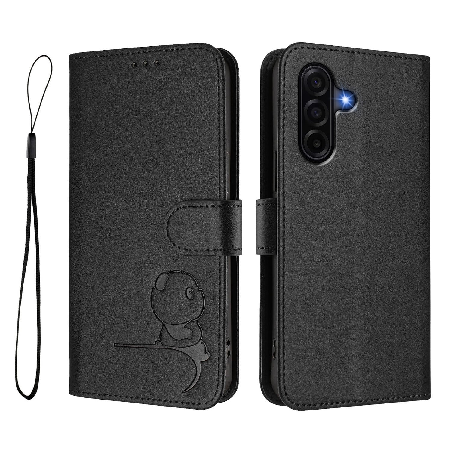 For Samsung Galaxy A57 5G Case Panda Imprint RFID Blocking Wallet Leather Phone Cover with Wrist Strap - Black