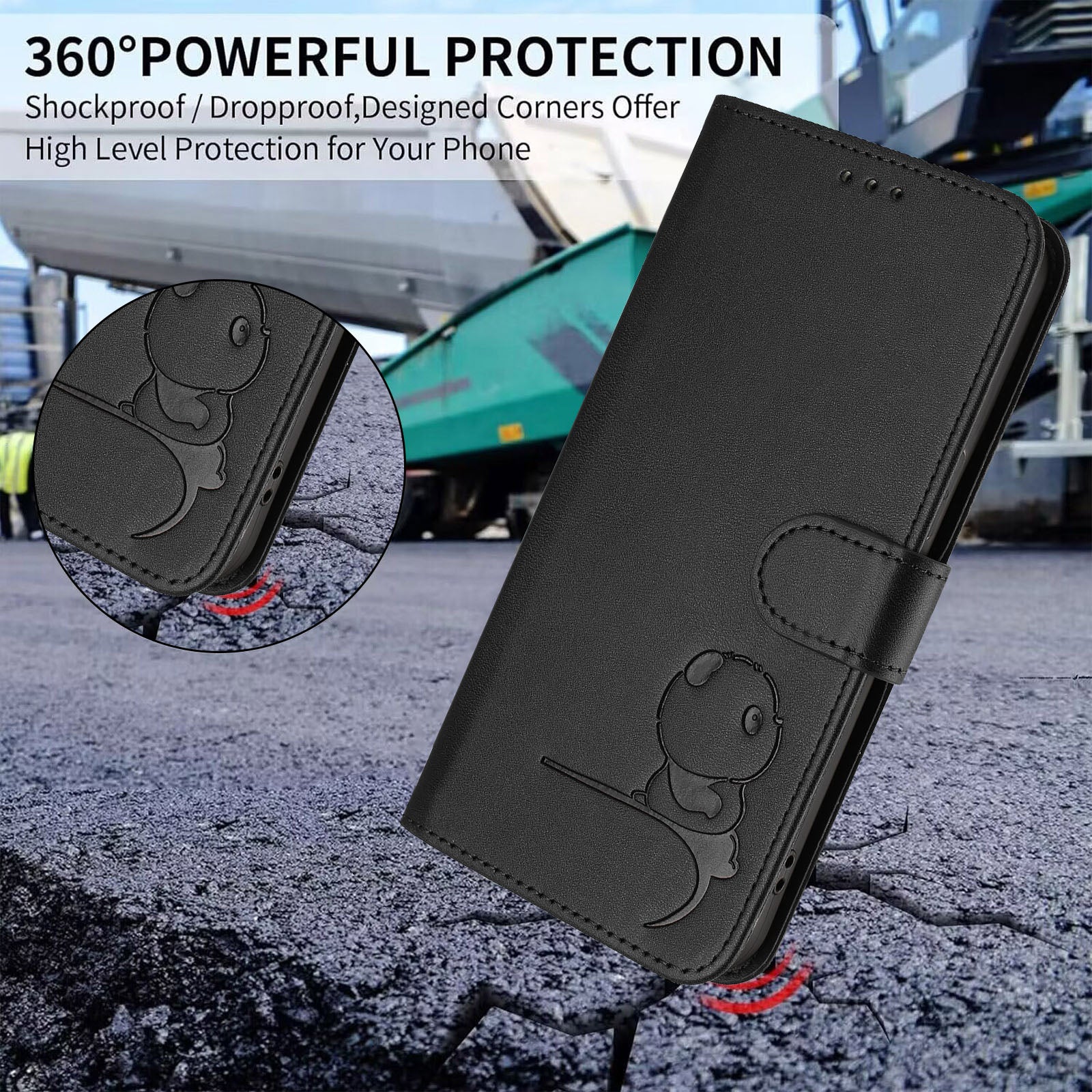 For Samsung Galaxy A57 5G Case Panda Imprint RFID Blocking Wallet Leather Phone Cover with Wrist Strap - Black