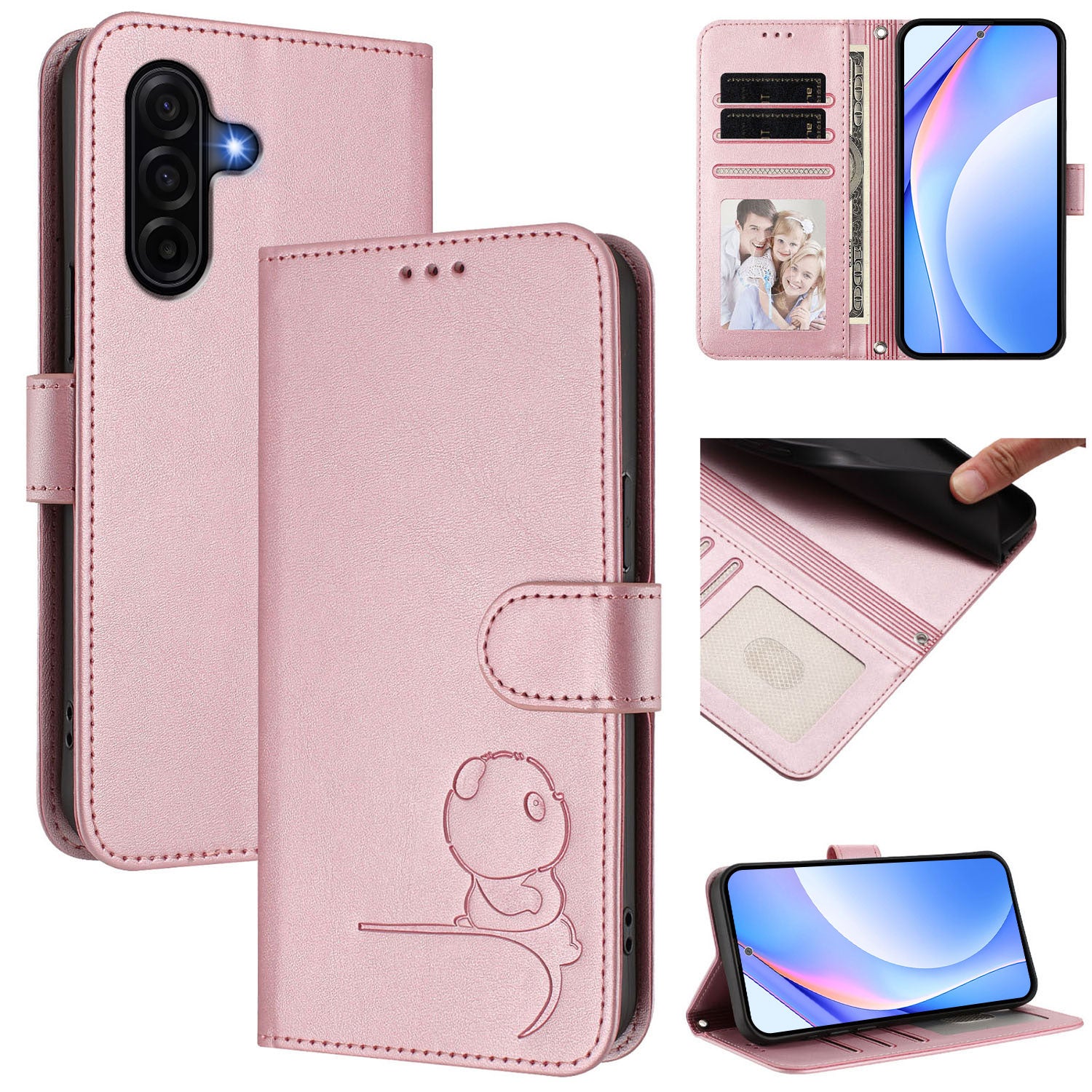For Samsung Galaxy A57 5G Case Panda Imprint RFID Blocking Wallet Leather Phone Cover with Wrist Strap - Pink