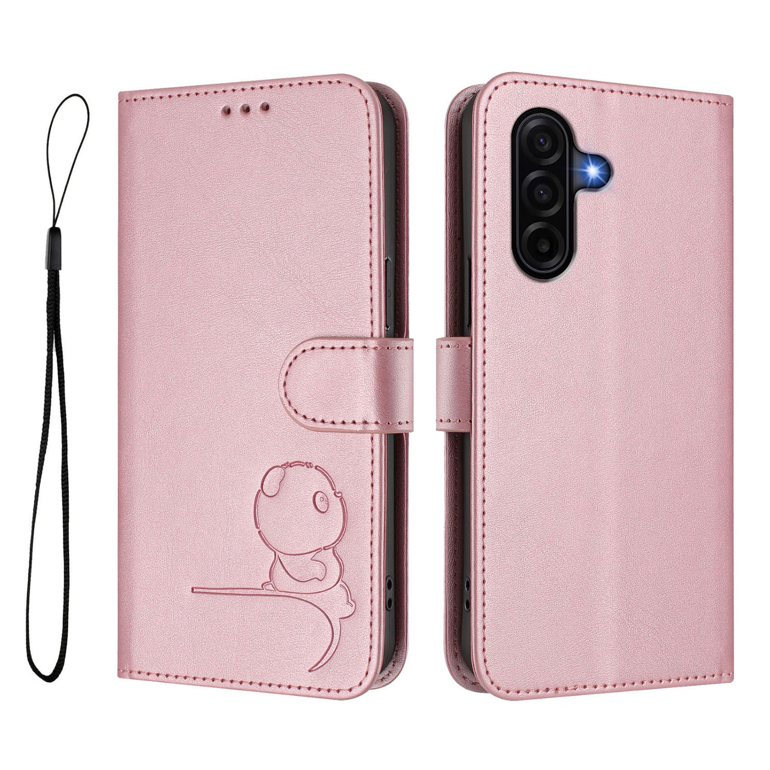 For Samsung Galaxy A57 5G Case Panda Imprint RFID Blocking Wallet Leather Phone Cover with Wrist Strap - Pink