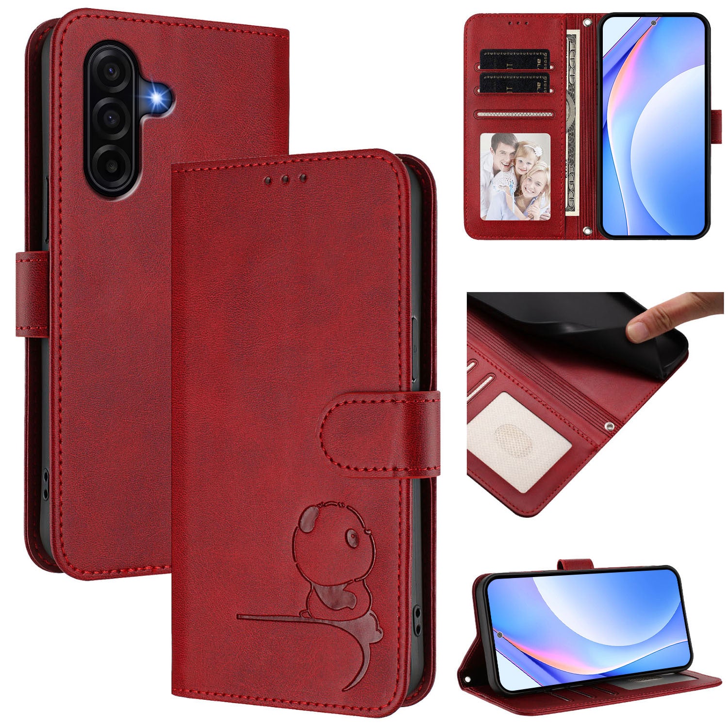 For Samsung Galaxy A57 5G Case Panda Imprint RFID Blocking Wallet Leather Phone Cover with Wrist Strap - Wine Red