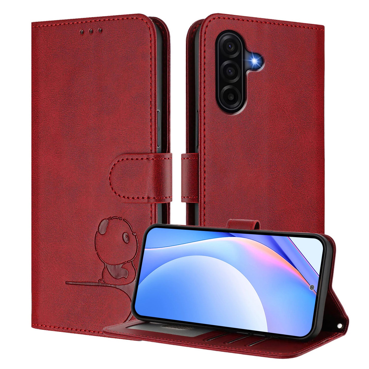 For Samsung Galaxy A57 5G Case Panda Imprint RFID Blocking Wallet Leather Phone Cover with Wrist Strap - Wine Red