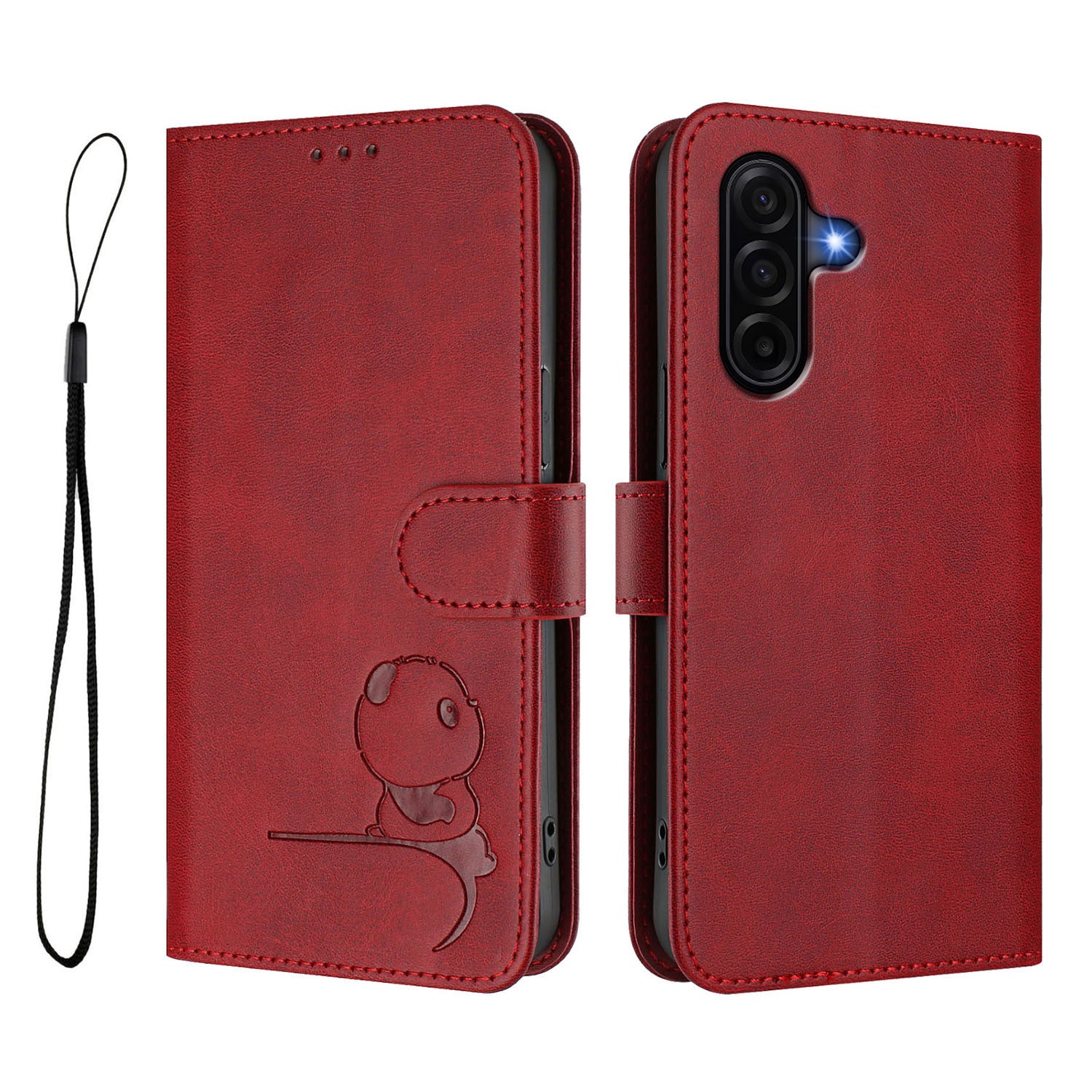 For Samsung Galaxy A57 5G Case Panda Imprint RFID Blocking Wallet Leather Phone Cover with Wrist Strap - Wine Red
