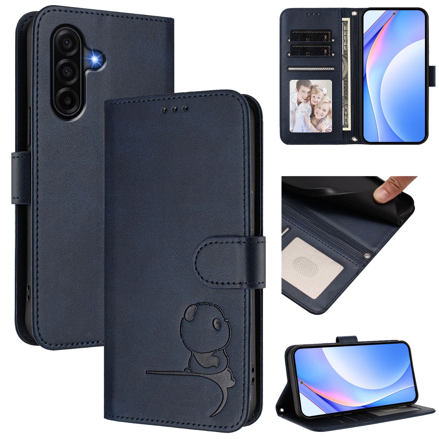 For Samsung Galaxy A57 5G Case Panda Imprint RFID Blocking Wallet Leather Phone Cover with Wrist Strap - Blue