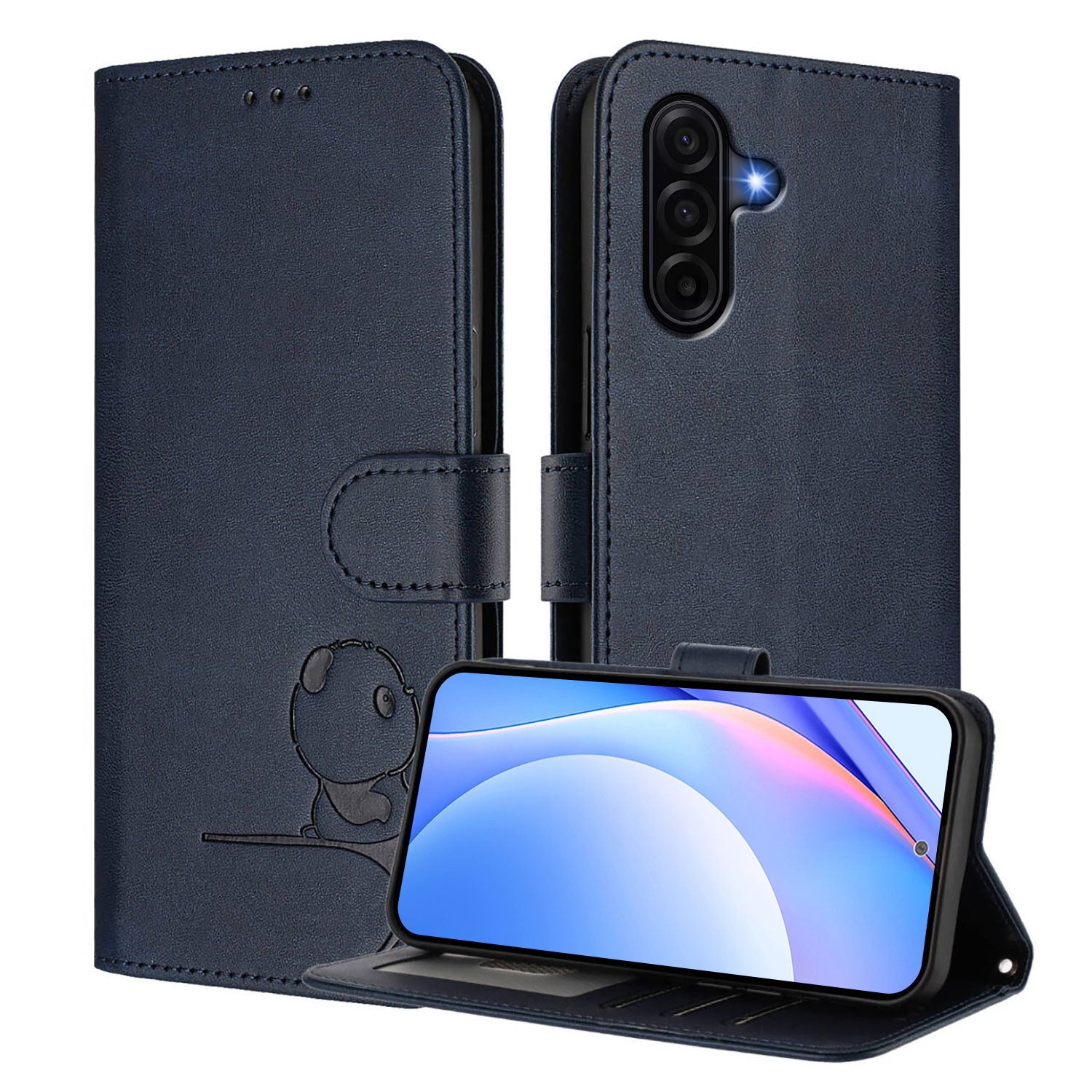 For Samsung Galaxy A57 5G Case Panda Imprint RFID Blocking Wallet Leather Phone Cover with Wrist Strap - Blue