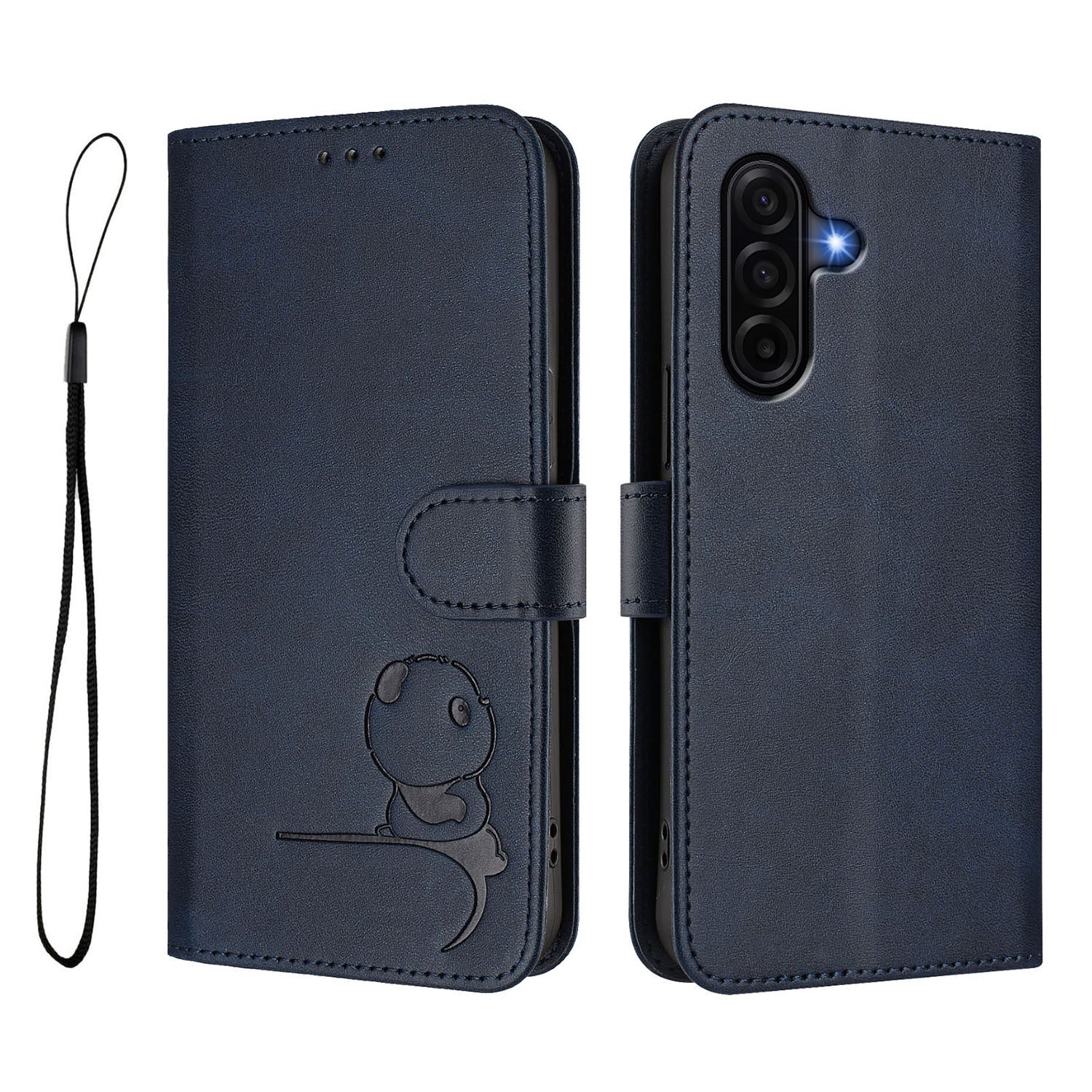 For Samsung Galaxy A57 5G Case Panda Imprint RFID Blocking Wallet Leather Phone Cover with Wrist Strap - Blue