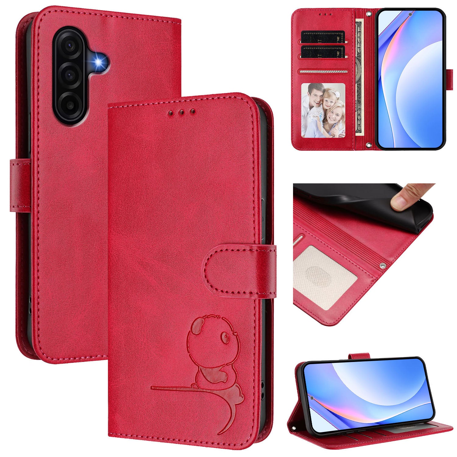 For Samsung Galaxy A57 5G Case Panda Imprint RFID Blocking Wallet Leather Phone Cover with Wrist Strap - Rose