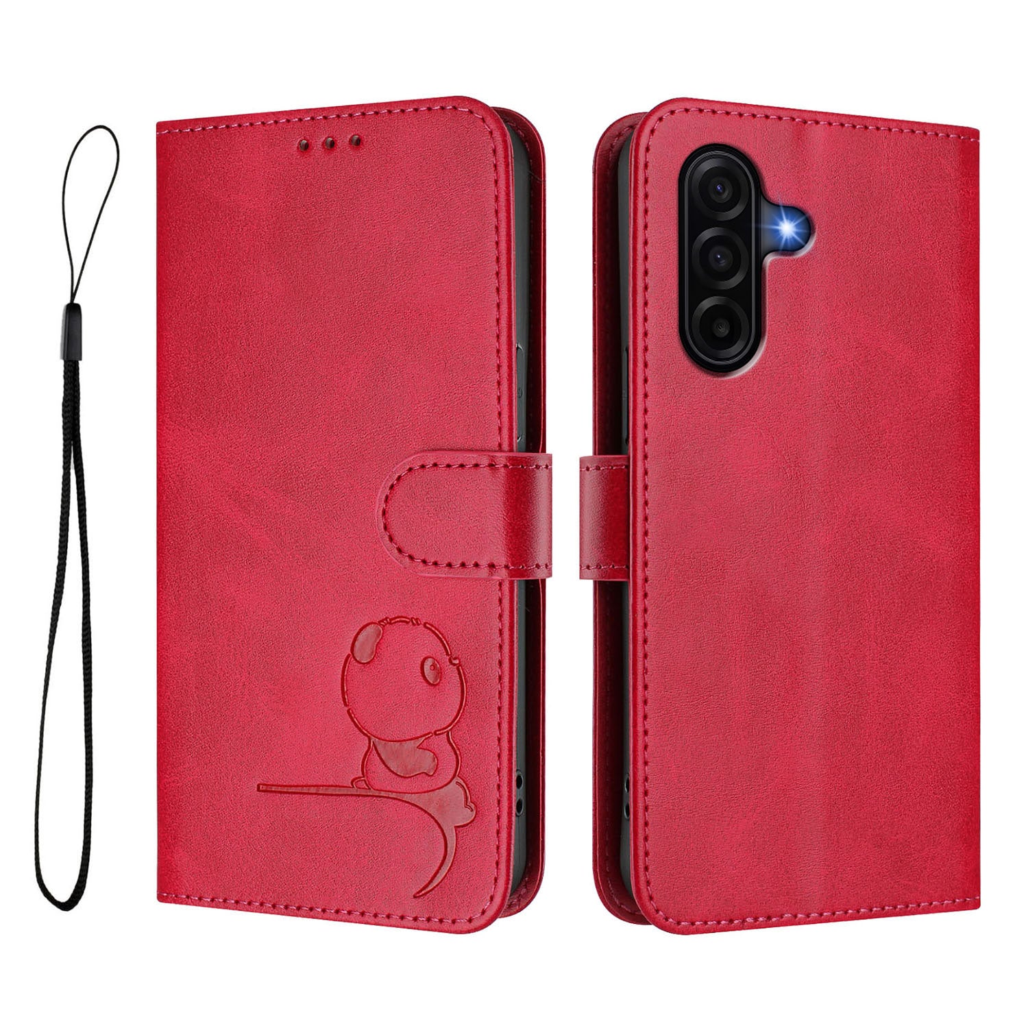 For Samsung Galaxy A57 5G Case Panda Imprint RFID Blocking Wallet Leather Phone Cover with Wrist Strap - Rose