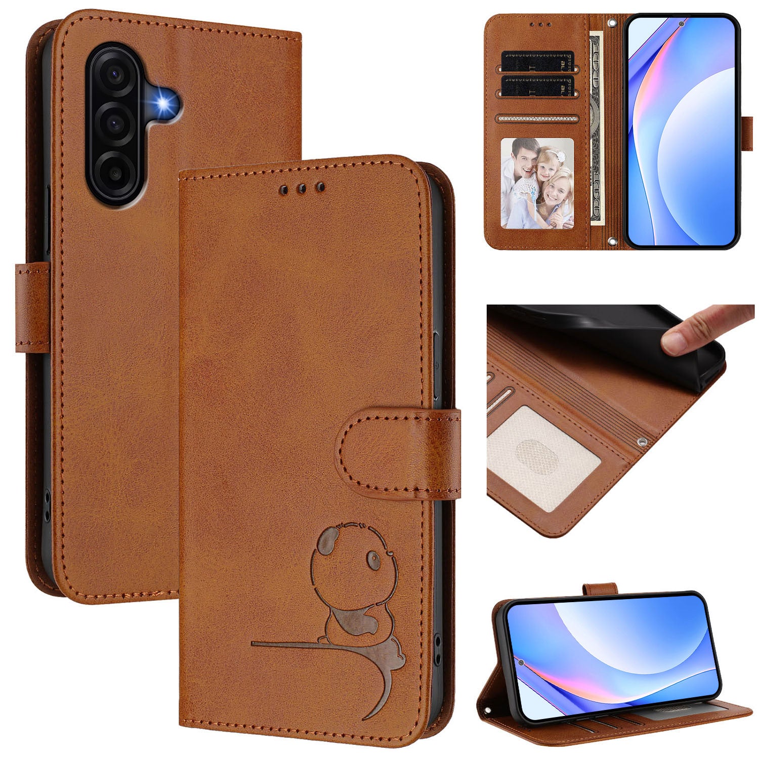 For Samsung Galaxy A57 5G Case Panda Imprint RFID Blocking Wallet Leather Phone Cover with Wrist Strap - Brown