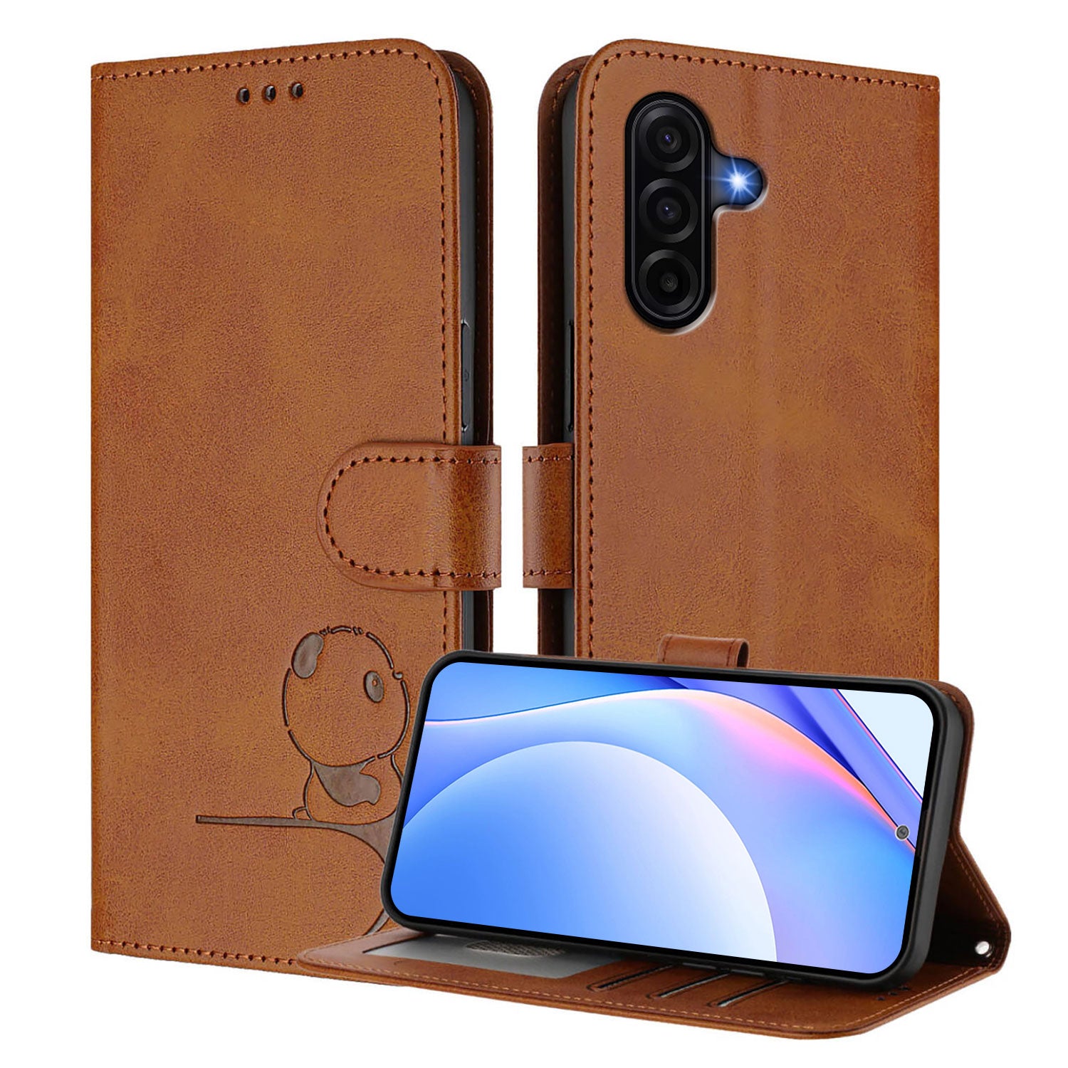 For Samsung Galaxy A57 5G Case Panda Imprint RFID Blocking Wallet Leather Phone Cover with Wrist Strap - Brown