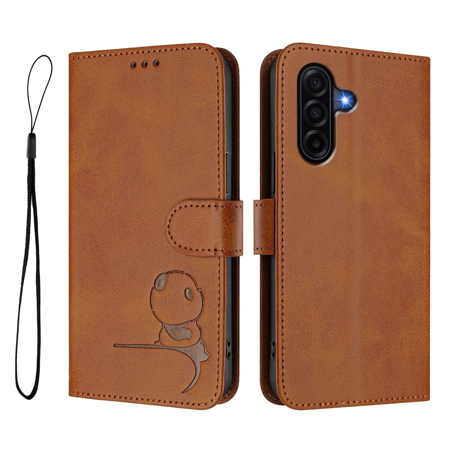 For Samsung Galaxy A57 5G Case Panda Imprint RFID Blocking Wallet Leather Phone Cover with Wrist Strap - Brown