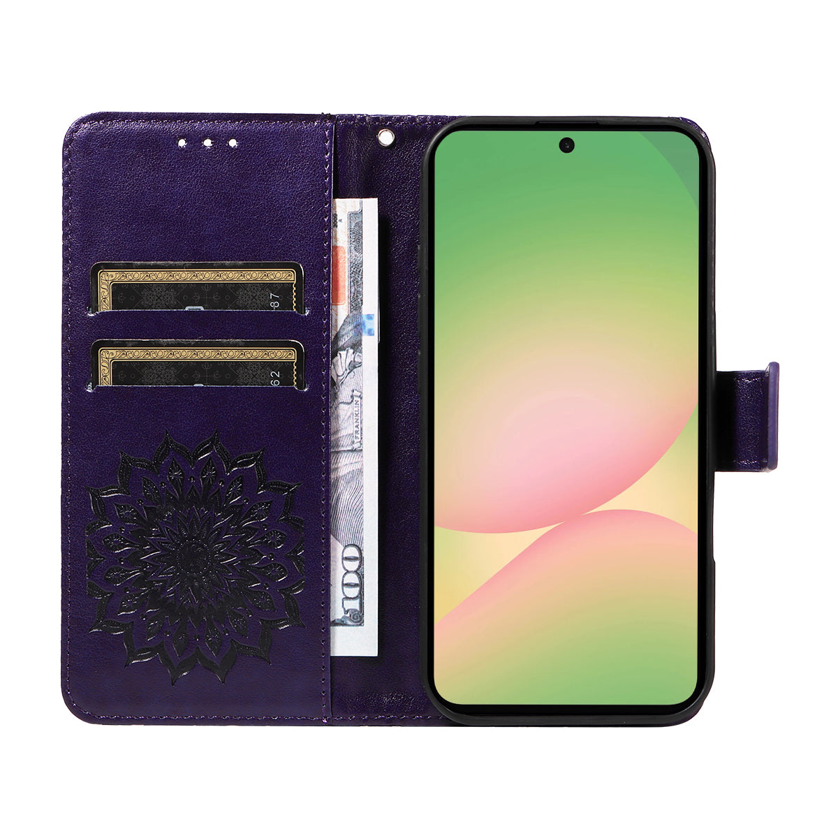 For Samsung Galaxy A57 5G Leather Wallet Case Sunflower Imprinted Phone Cover - Purple