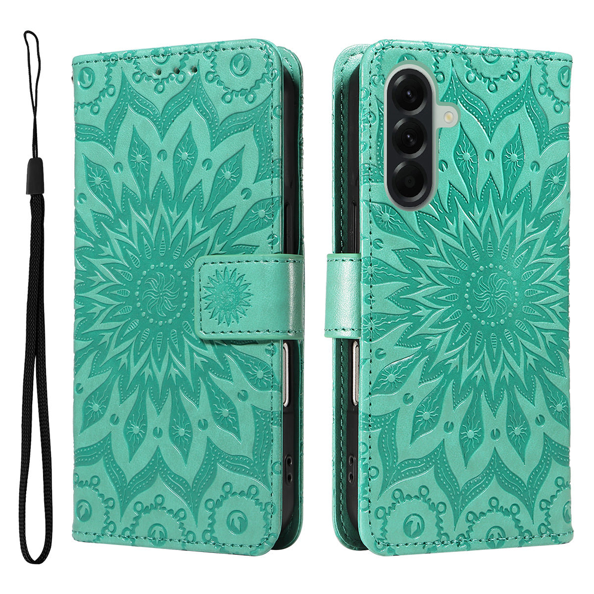 For Samsung Galaxy A57 5G Leather Wallet Case Sunflower Imprinted Phone Cover - Green