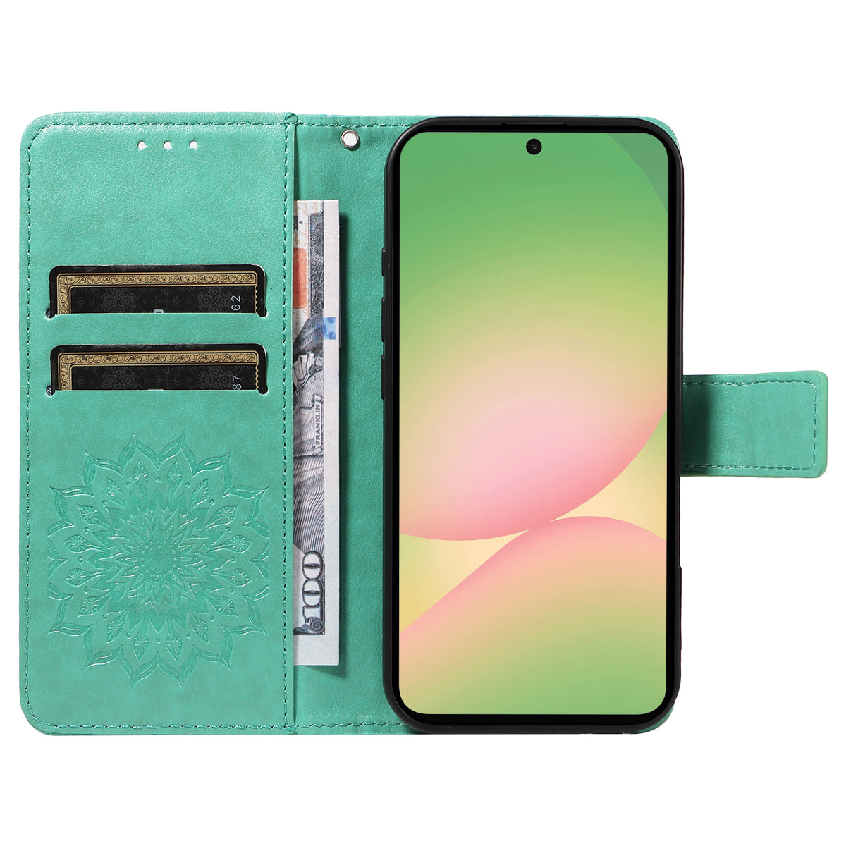 For Samsung Galaxy A57 5G Leather Wallet Case Sunflower Imprinted Phone Cover - Green