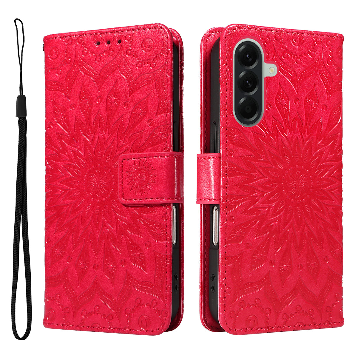 For Samsung Galaxy A57 5G Leather Wallet Case Sunflower Imprinted Phone Cover - Red