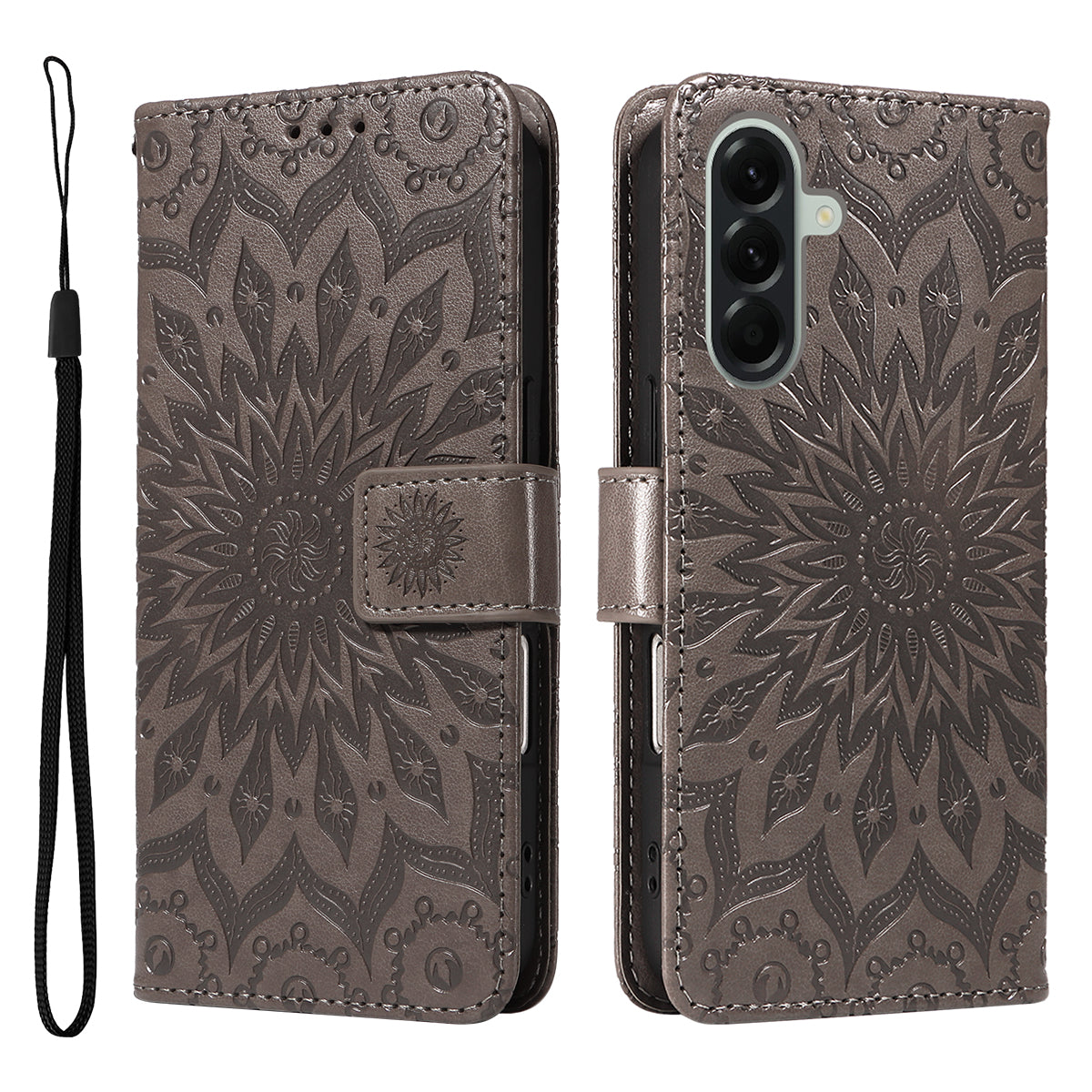 For Samsung Galaxy A57 5G Leather Wallet Case Sunflower Imprinted Phone Cover - Grey