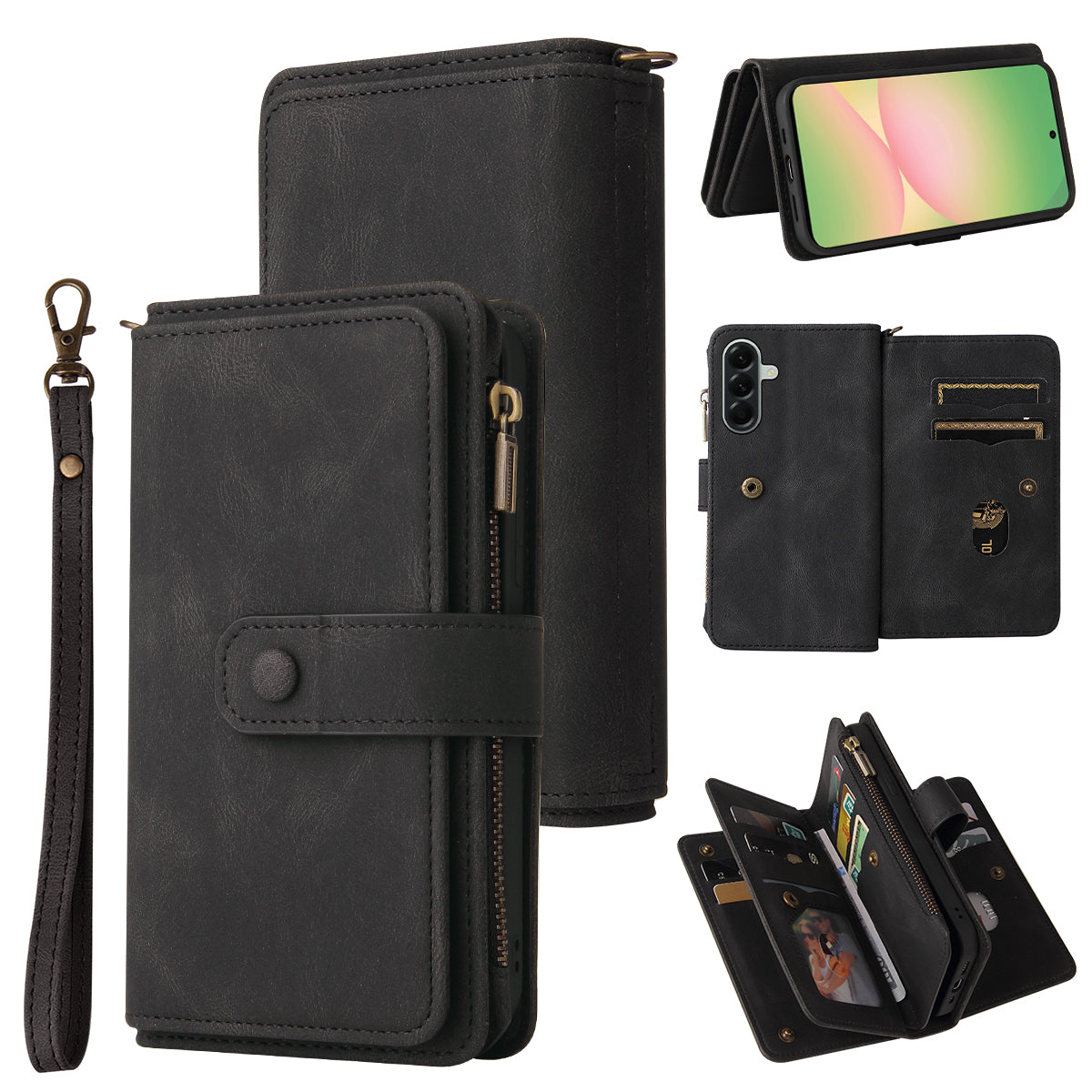 For Samsung Galaxy A57 5G Zipper Wallet Case with 15 Card Slots and Strap Leather Phone Cover - Black