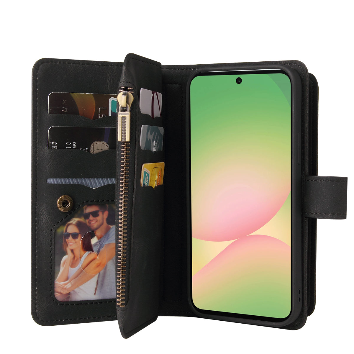 For Samsung Galaxy A57 5G Zipper Wallet Case with 15 Card Slots and Strap Leather Phone Cover - Black