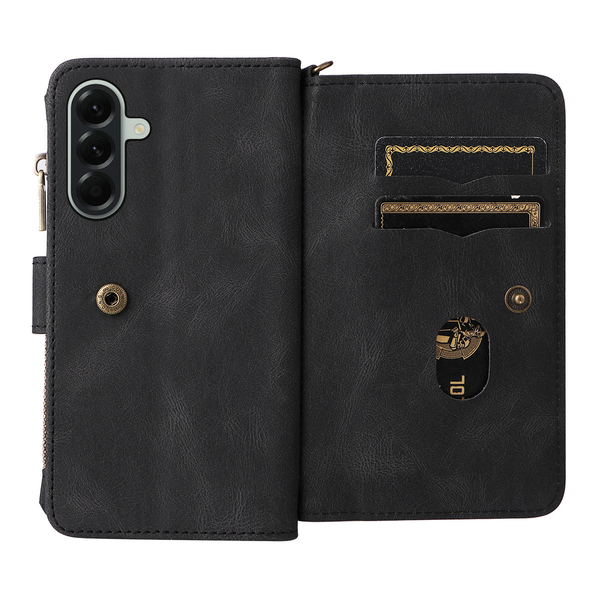 For Samsung Galaxy A57 5G Zipper Wallet Case with 15 Card Slots and Strap Leather Phone Cover - Black