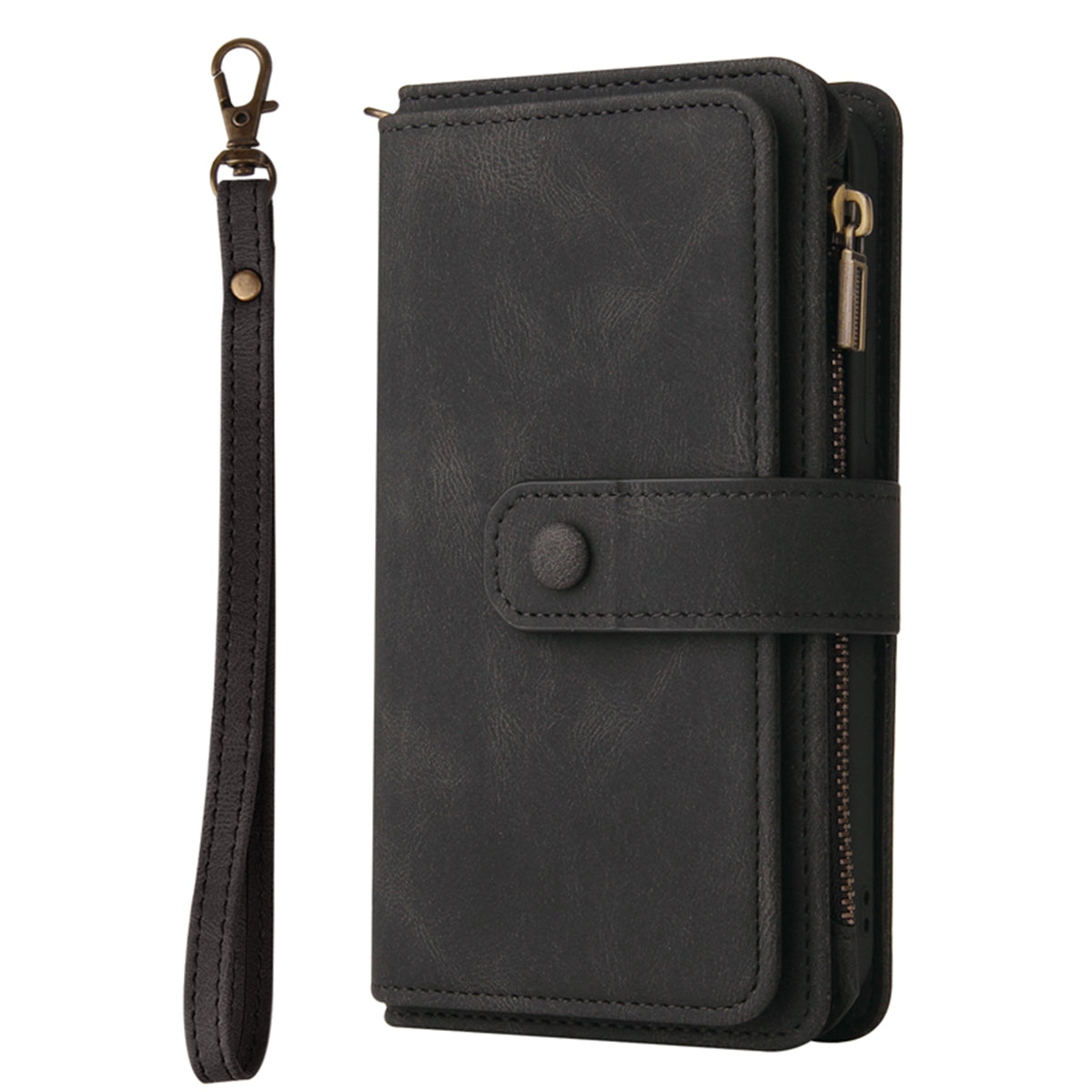 For Samsung Galaxy A57 5G Zipper Wallet Case with 15 Card Slots and Strap Leather Phone Cover - Black