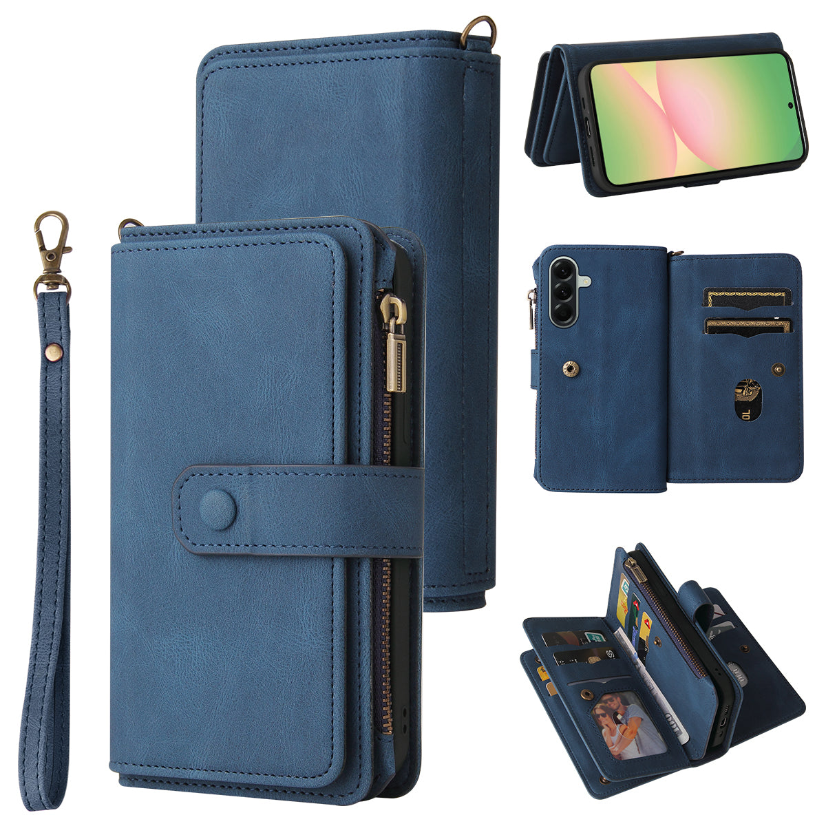 For Samsung Galaxy A57 5G Zipper Wallet Case with 15 Card Slots and Strap Leather Phone Cover - Blue