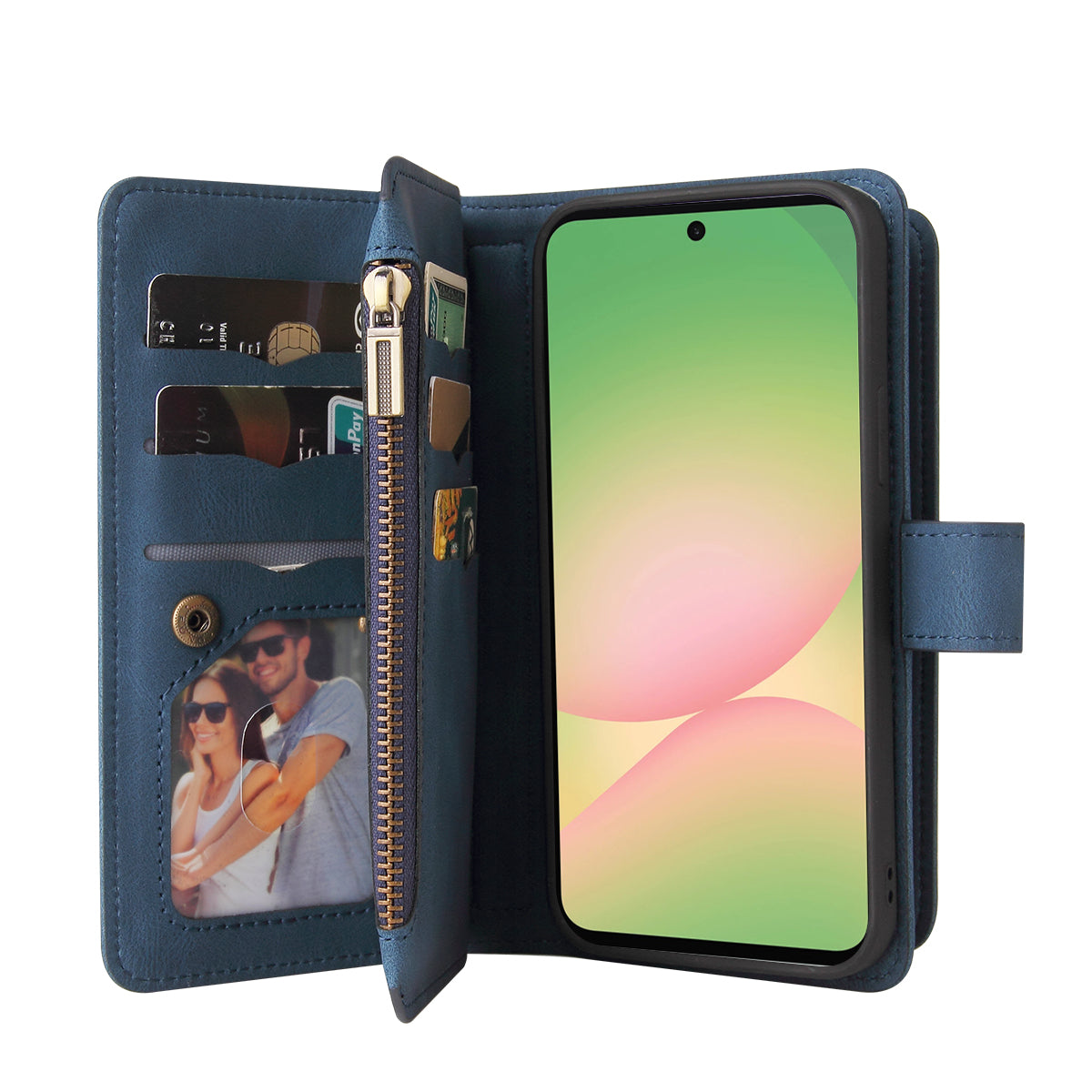 For Samsung Galaxy A57 5G Zipper Wallet Case with 15 Card Slots and Strap Leather Phone Cover - Blue