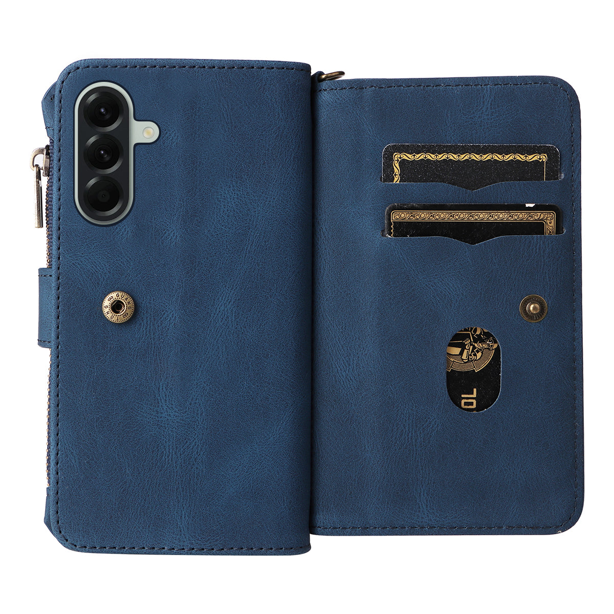For Samsung Galaxy A57 5G Zipper Wallet Case with 15 Card Slots and Strap Leather Phone Cover - Blue